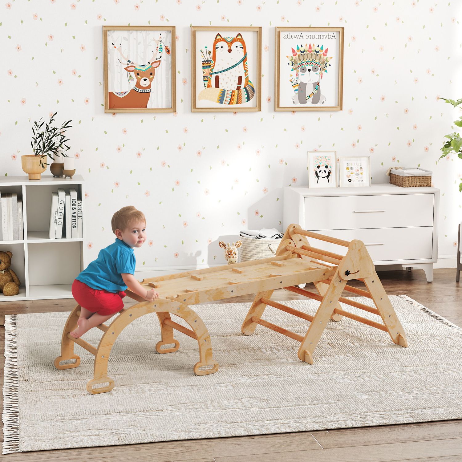 Gioco per bambini 5 in 1 con triangolo, parete liscia e arco, in legno di pioppo e pino, 188x70x59 cm - 