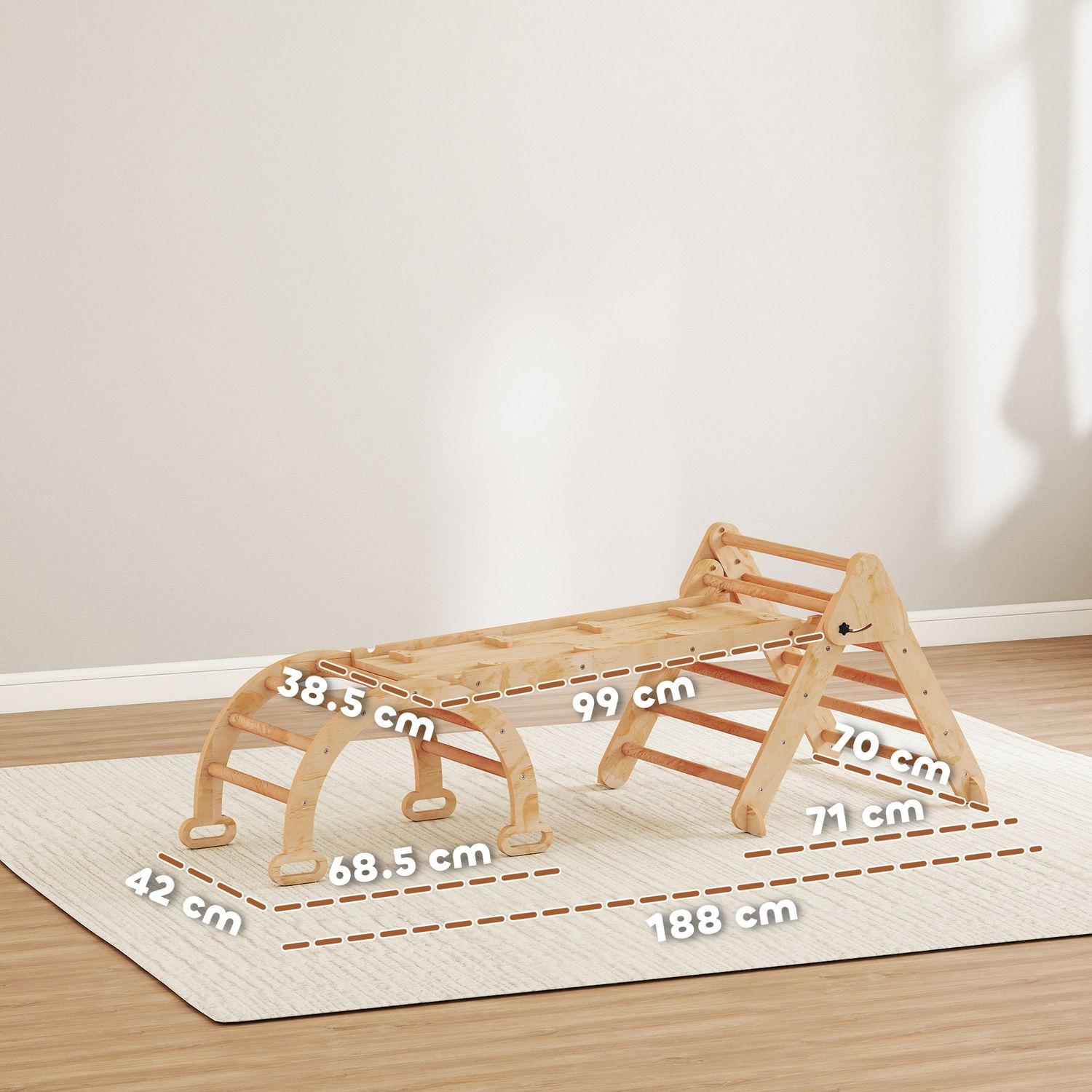 Gioco per bambini 5 in 1 con triangolo, parete liscia e arco, in legno di pioppo e pino, 188x70x59 cm - 