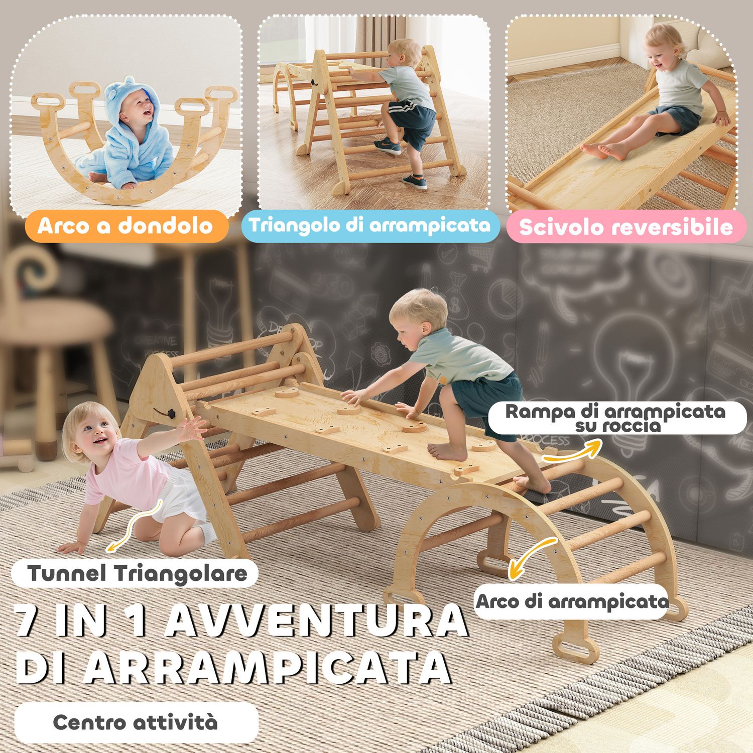 Gioco per bambini 5 in 1 con triangolo, parete liscia e arco, in legno di pioppo e pino, 188x70x59 cm - 