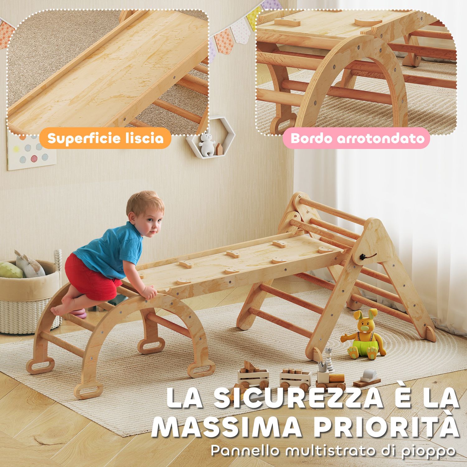 Gioco per bambini 5 in 1 con triangolo, parete liscia e arco, in legno di pioppo e pino, 188x70x59 cm - 
