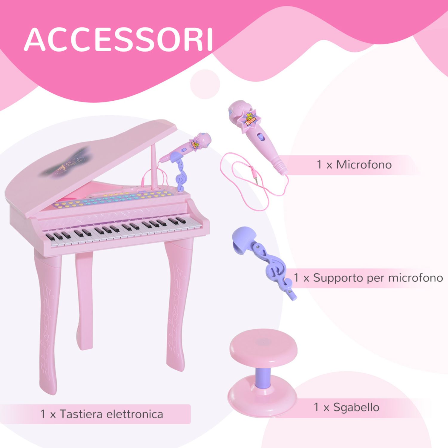 Pianoforte giocattolo per bambini , strumento musicale elettrico con 37 tasti luminosi, microfono e sgabello inclusi, 48x39x69 cm, rosa - 