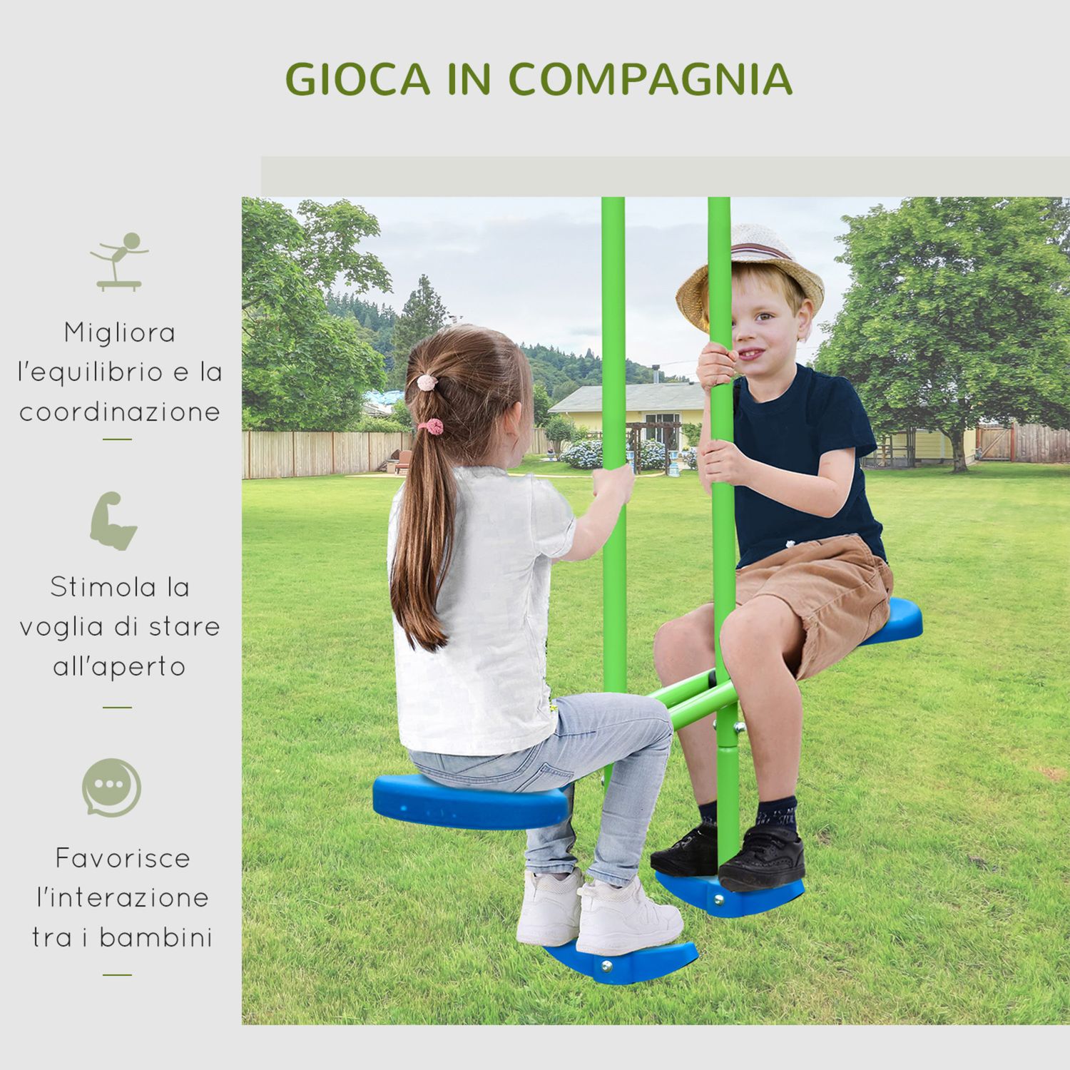 Set altalene da giardino per 4 bambini, 1 altalena doppia e 2 altalene singole, capacità di peso 45kg (altalena) 180kg (totale), 280x140x178cm - 