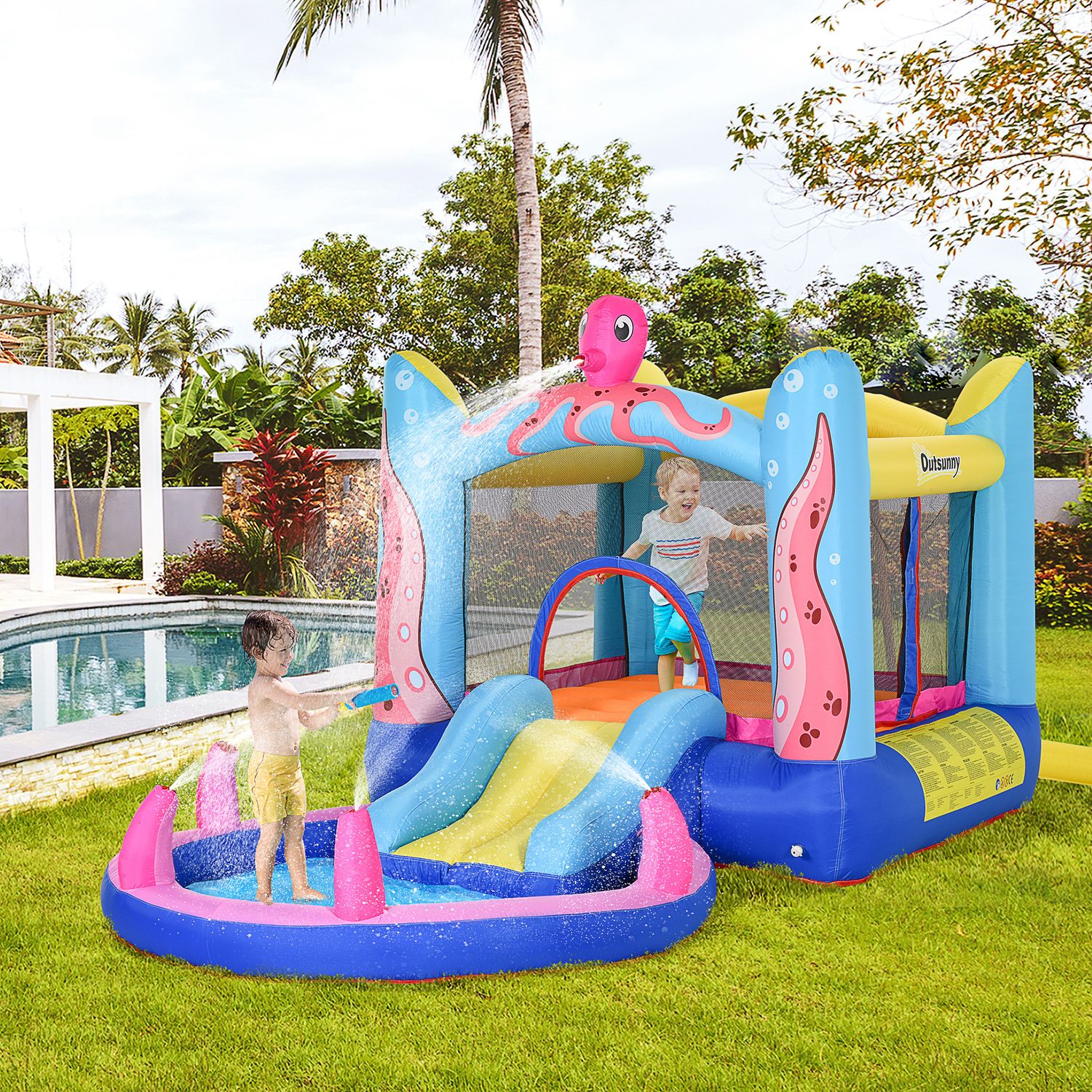 Castello gonfiabile gigante e rimbalzante per bambini 3-8 anni con scivolo, piscina e gonfiatore 3.6x1.75x1.8m - 