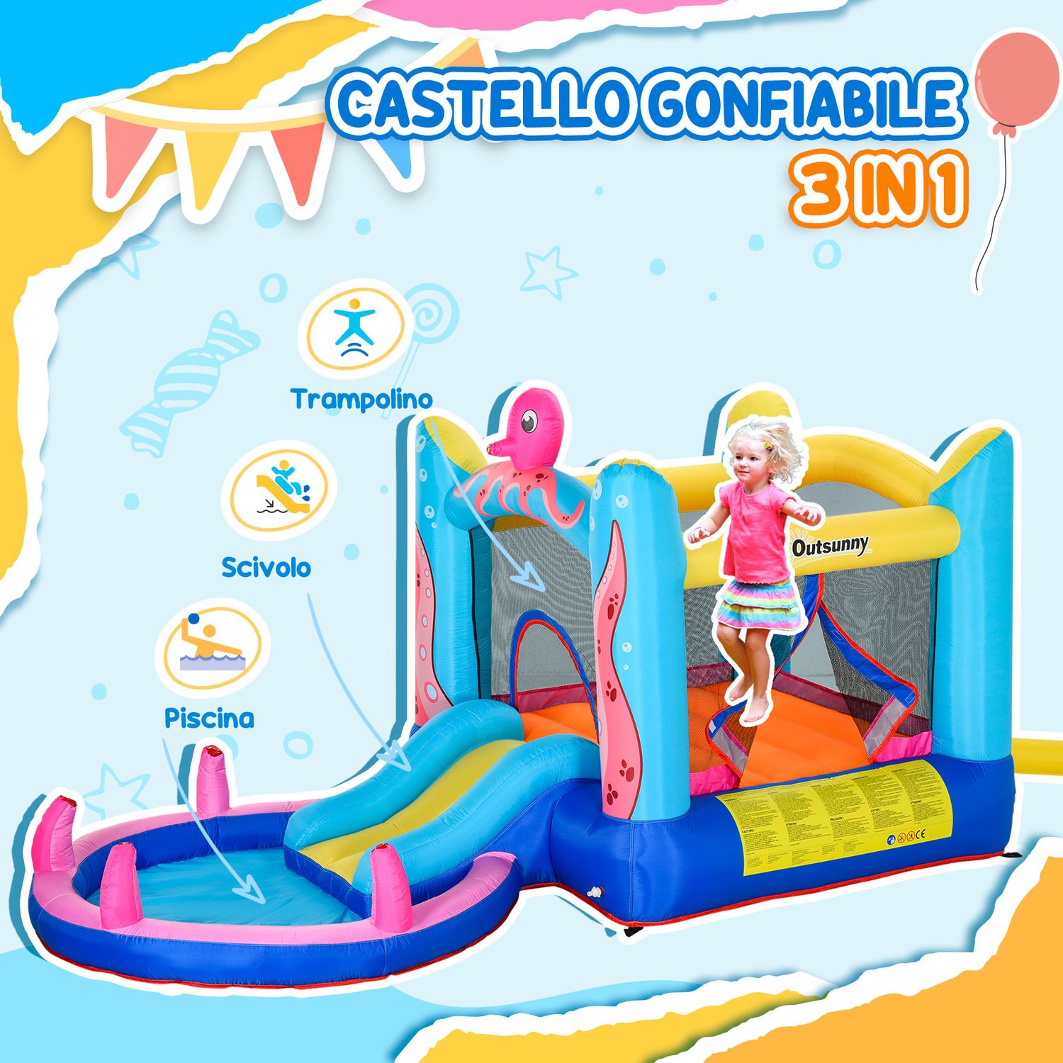 Castello gonfiabile gigante e rimbalzante per bambini 3-8 anni con scivolo, piscina e gonfiatore 3.6x1.75x1.8m - 