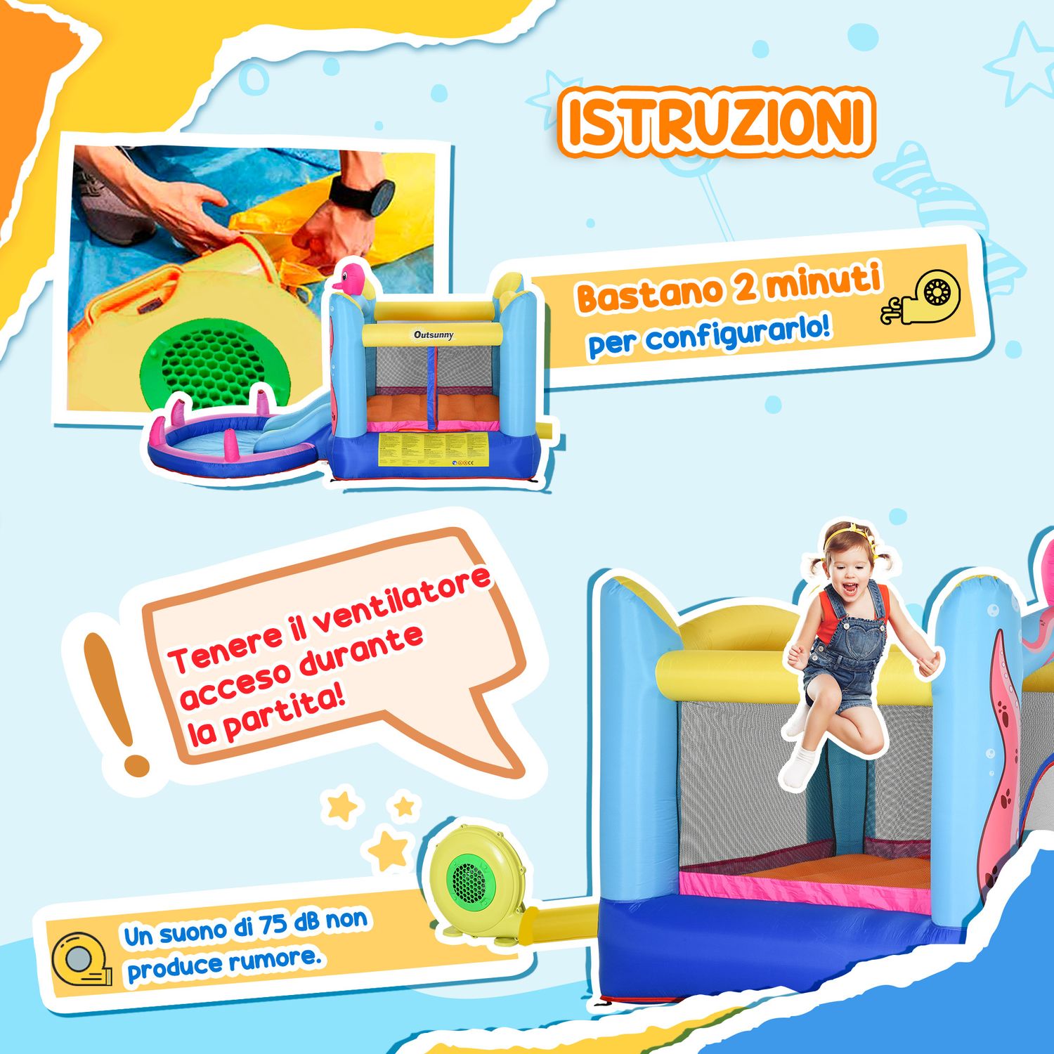 Castello gonfiabile gigante e rimbalzante per bambini 3-8 anni con scivolo, piscina e gonfiatore 3.6x1.75x1.8m - 