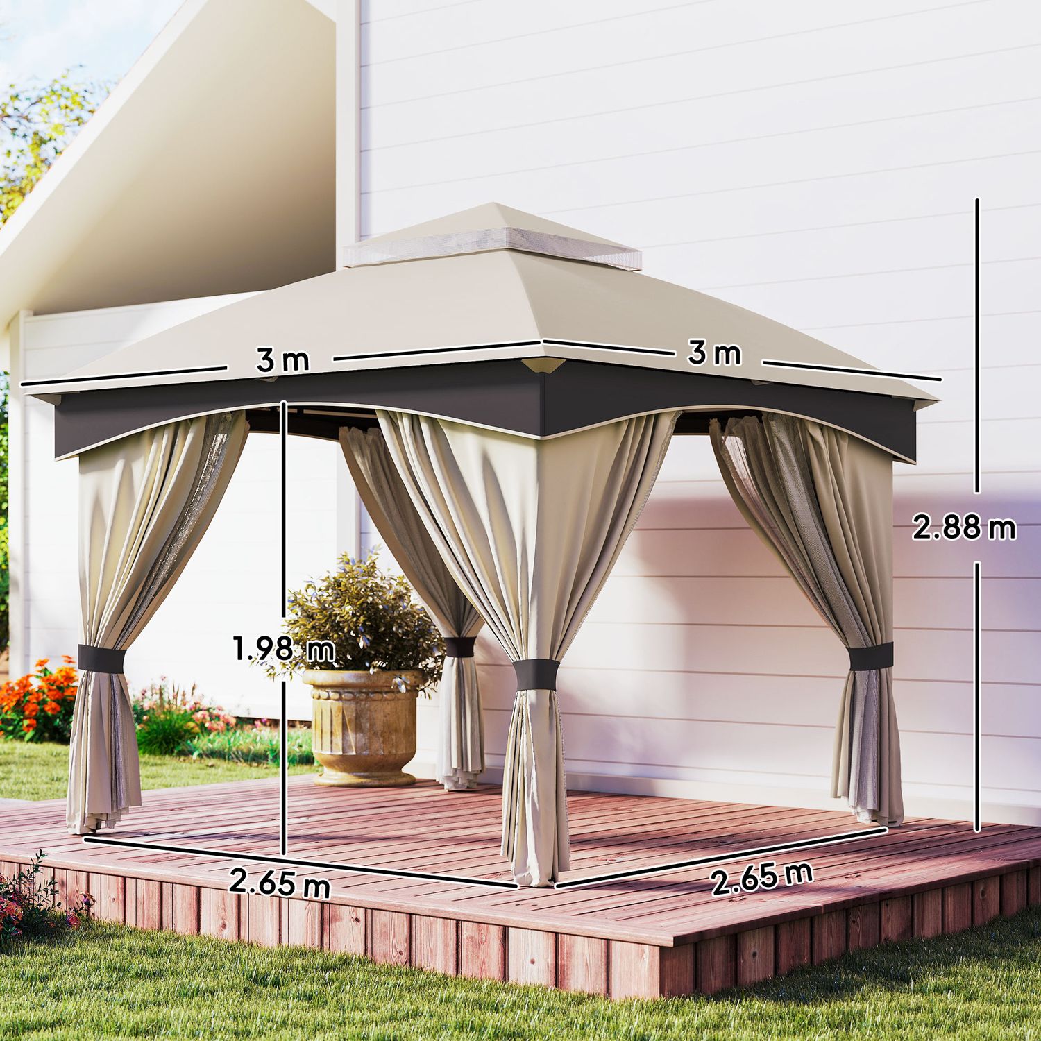 Gazebo da giardino 3x3m in acciaio con doppio tettuccio e tende, beige e grigio - 