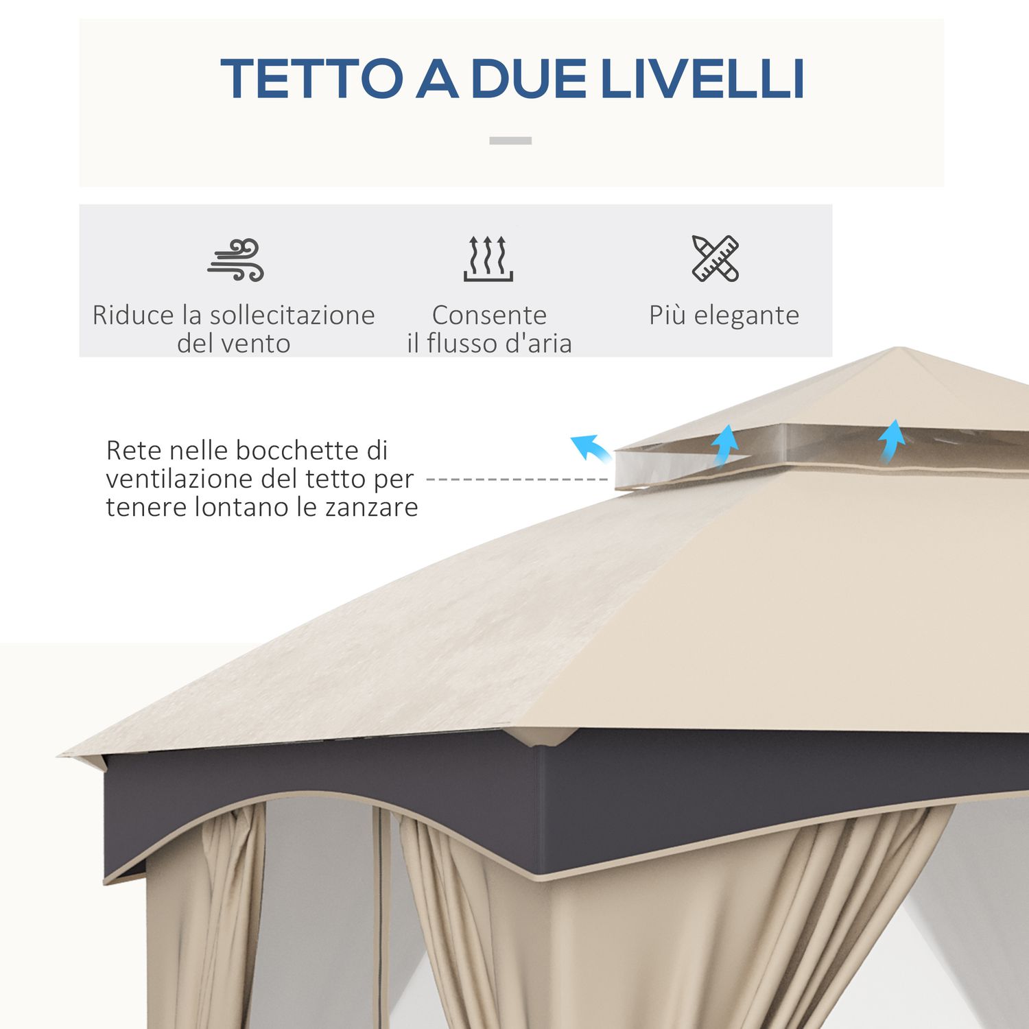 Gazebo da giardino 3x3m in acciaio con doppio tettuccio e tende, beige e grigio - 