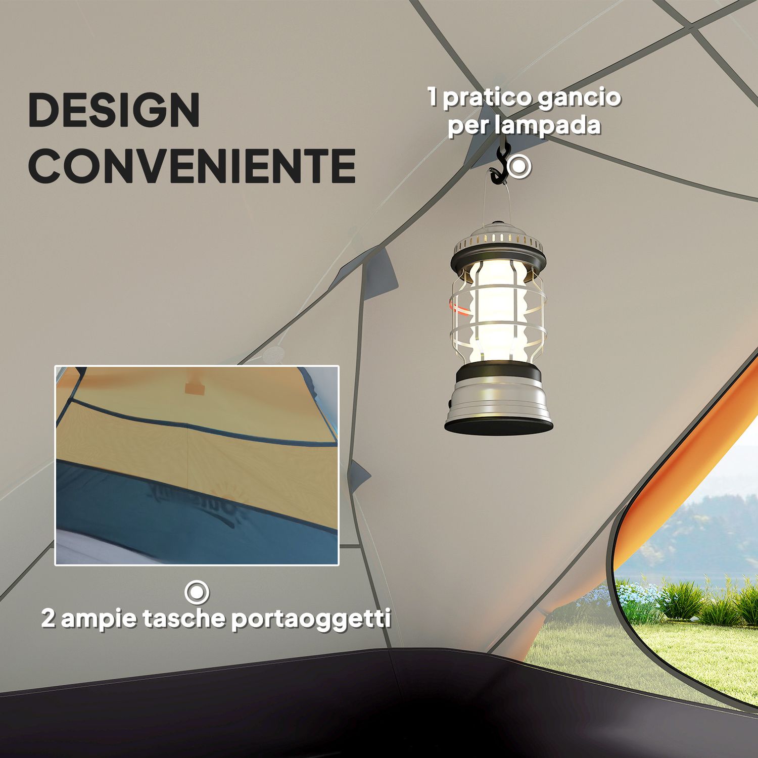 Tenda da campeggio 2 posti con 2 vestiboli, 2 porte, 2 finestre e borsa di trasporto, 2.8x2.25x1.1 cm, arancione - 