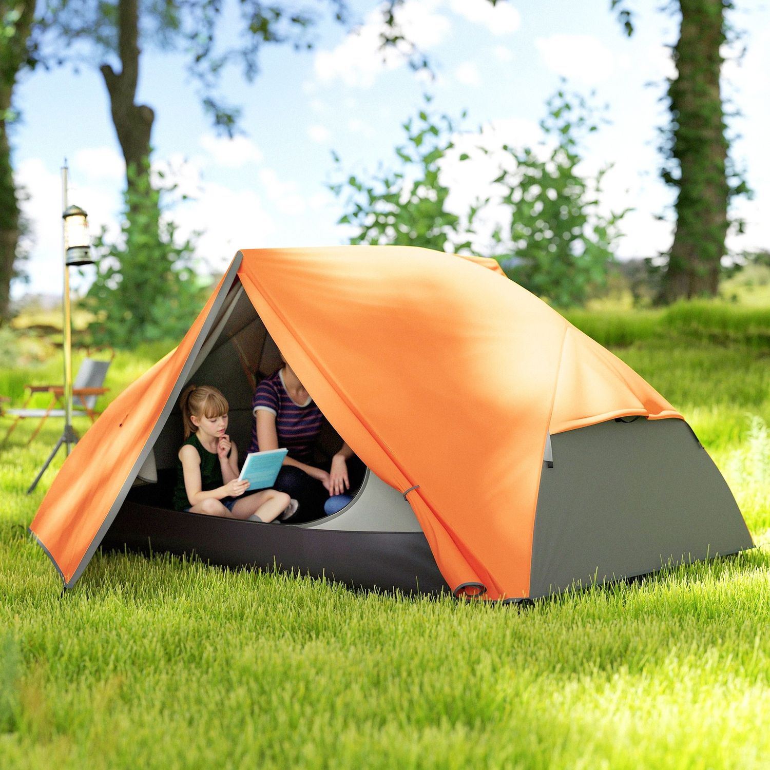 Tenda da campeggio 2 posti con 2 vestiboli, 2 porte, 2 finestre e borsa di trasporto, 2.8x2.25x1.1 cm, arancione - 