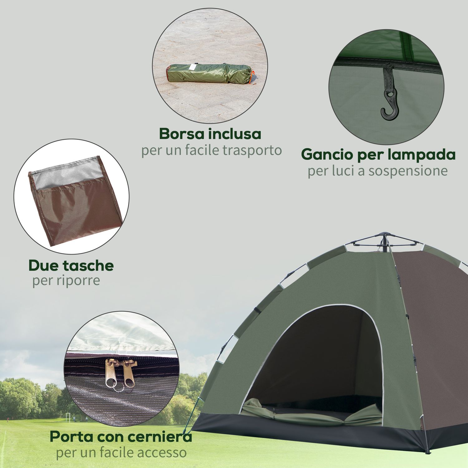 Tenda da campeggio 2 posti con borsa da trasporto, ganci per lampade e tasche portaoggetti, 210x210x135 cm - 