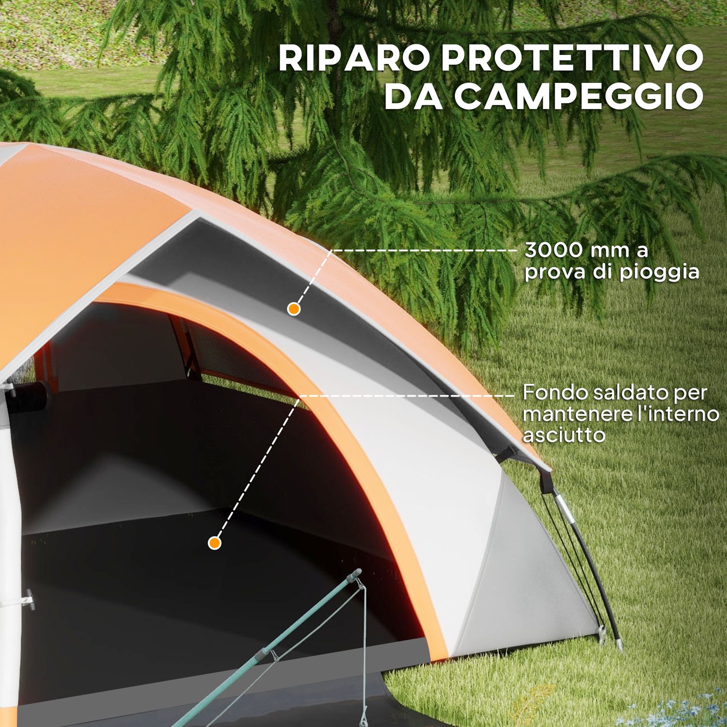Tenda da campeggio 2 posti con finestra a rete e gancio, in poliestere, 210x150x110 cm, grigio e arancione - 