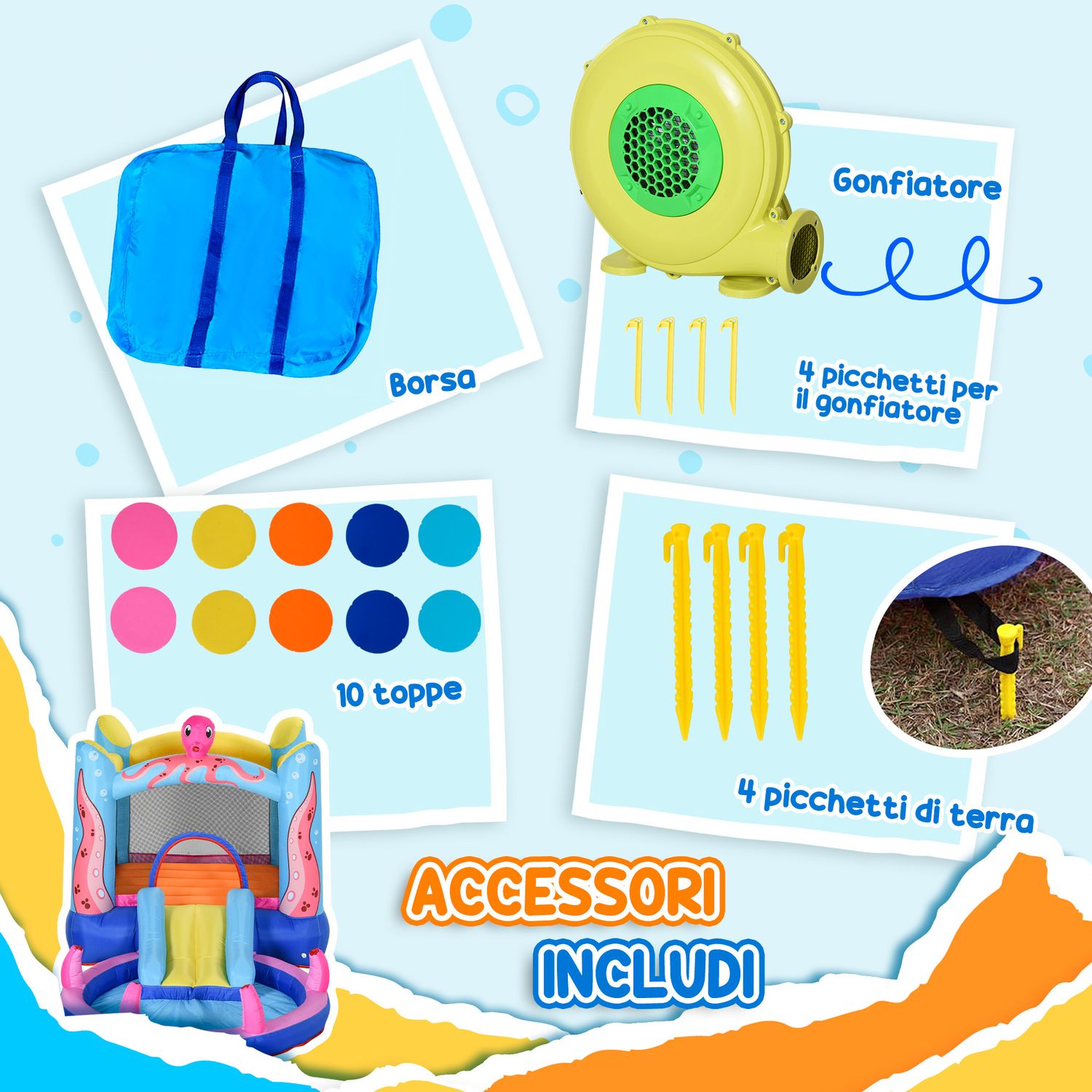 Castello gonfiabile gigante e rimbalzante per bambini 3-8 anni con scivolo, piscina e gonfiatore 3.6x1.75x1.8m - 