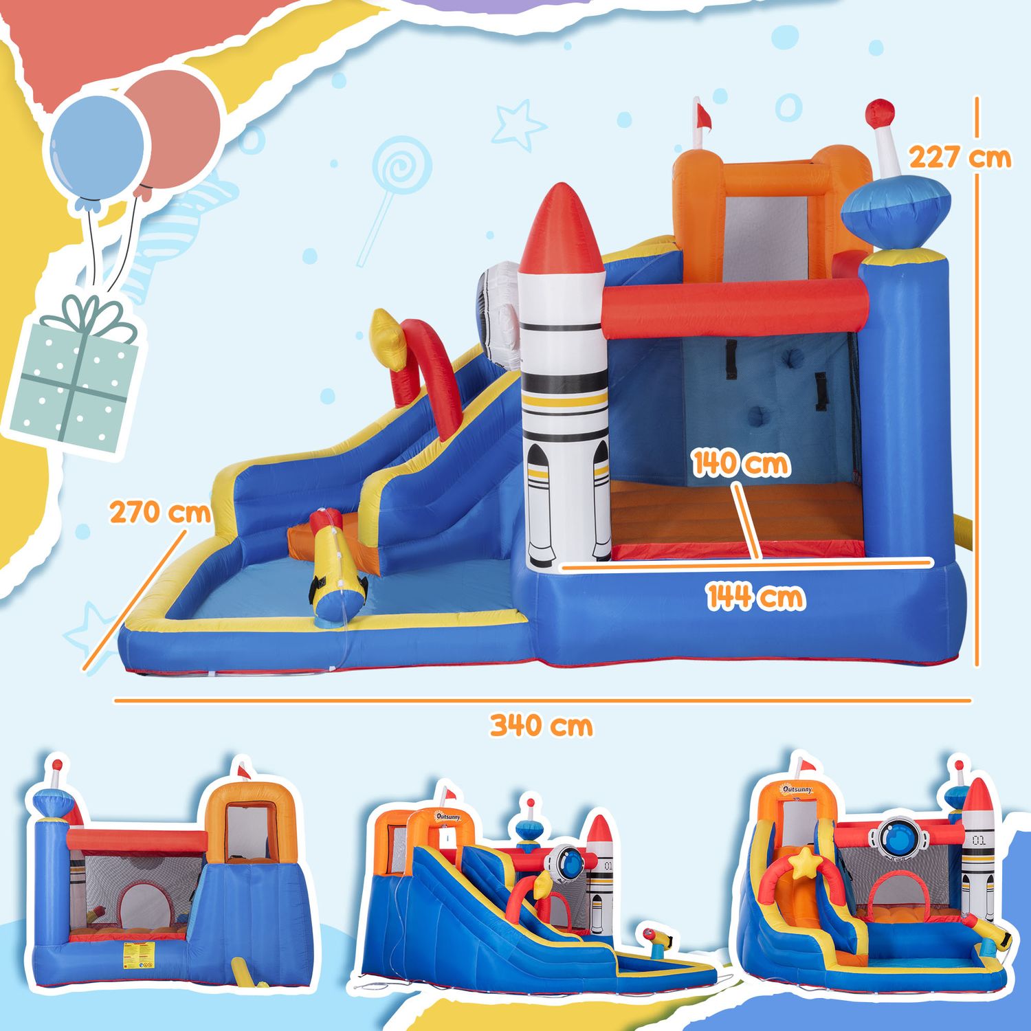 Gioco gonfiabile per bambini 3-8 anni a tema spazio con borsa, 11 paletti e toppe inclusi, 340x270x227 cm - 