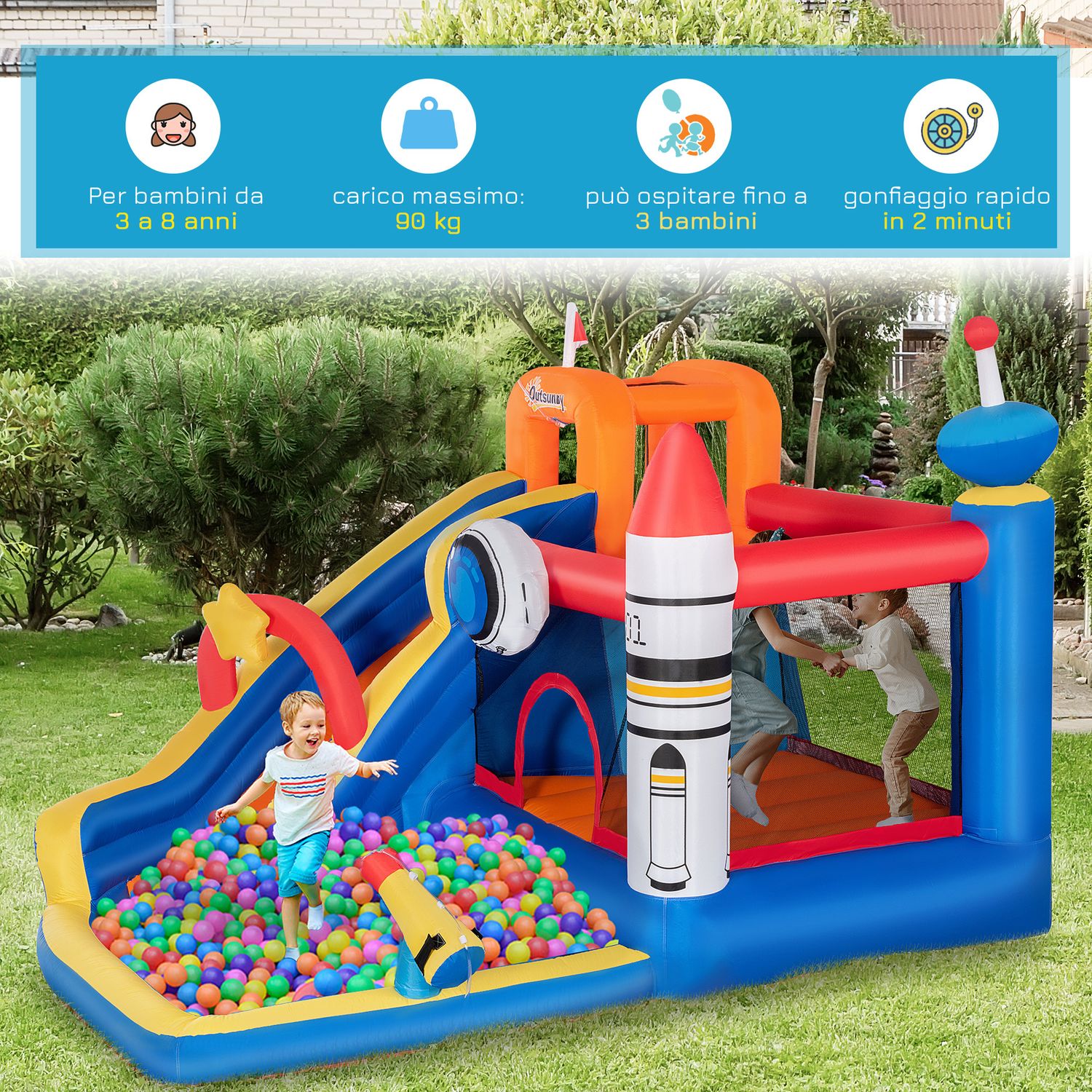 Gioco gonfiabile per bambini 3-8 anni a tema spazio con borsa, 11 paletti e toppe inclusi, 340x270x227 cm - 