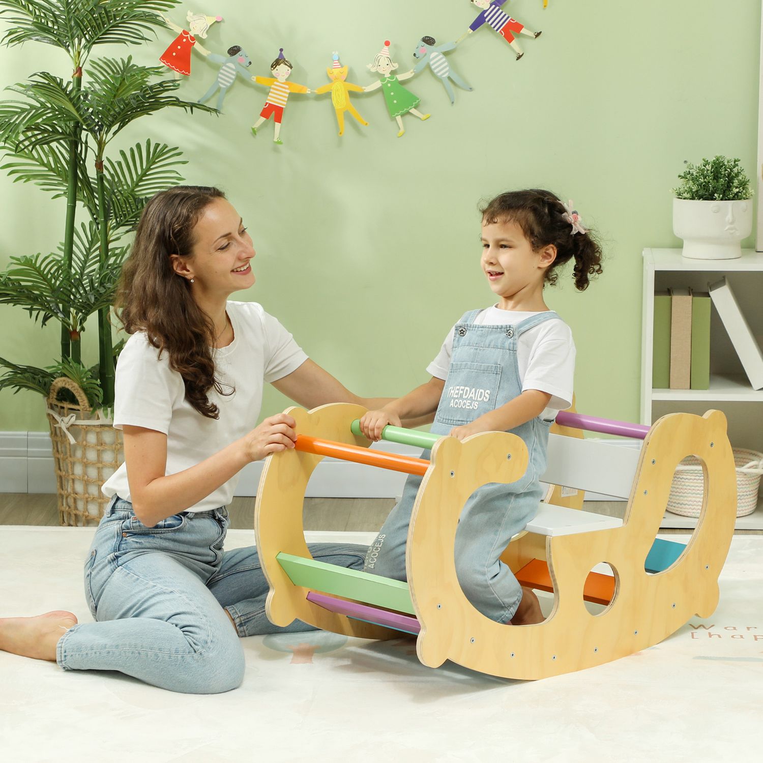 Gioco per bambini 2 in 1 arco montessoriano e sedia a dondolo per uso interno, in legno di pino, 91x41x48 cm - 