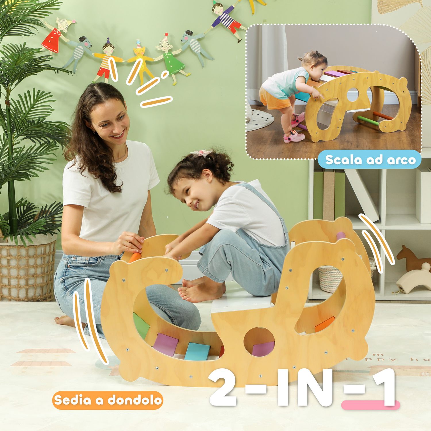 Gioco per bambini 2 in 1 arco montessoriano e sedia a dondolo per uso interno, in legno di pino, 91x41x48 cm - 