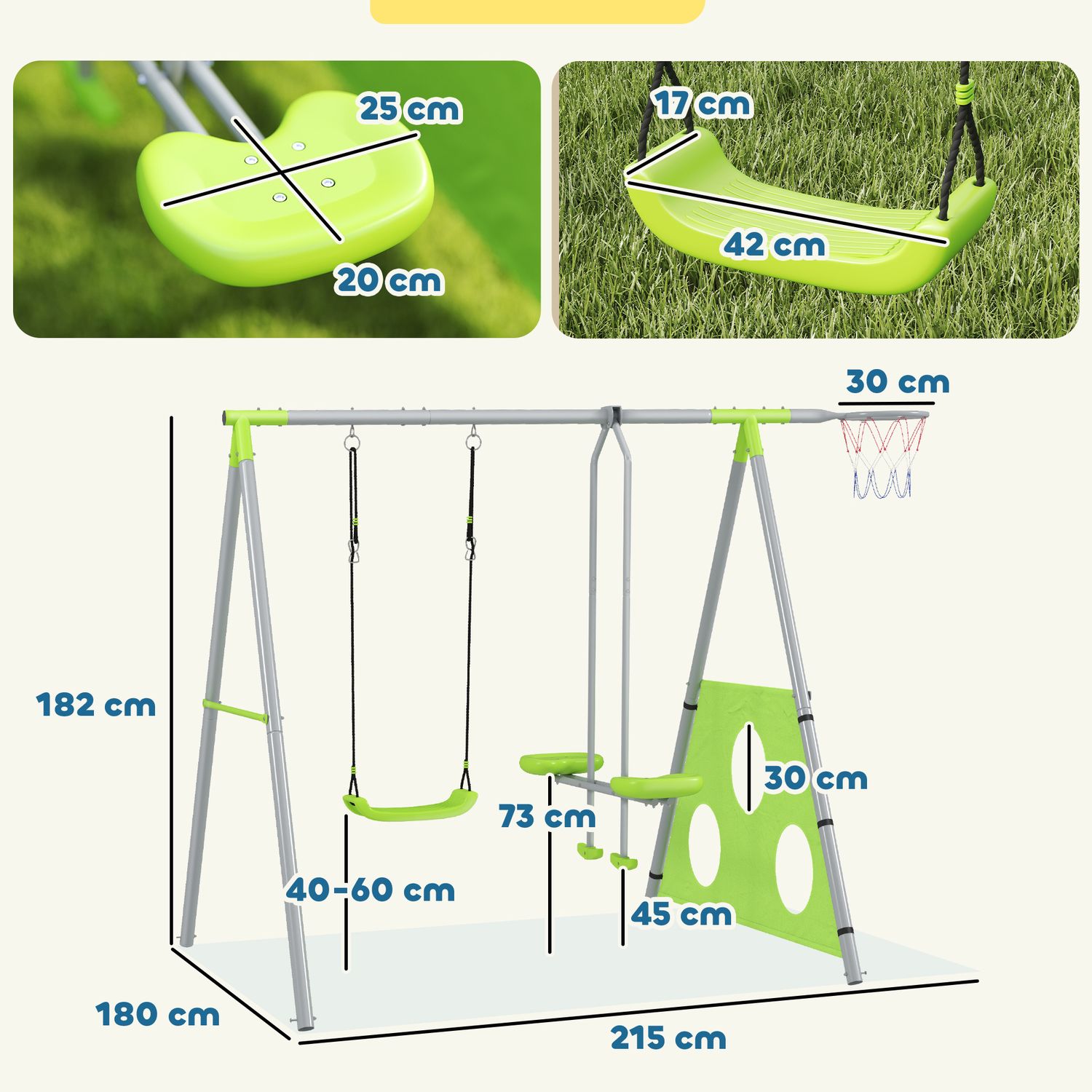 Gioco per bambini 4 in 1 con 2 altalene da giardino, canestro e porta da calcio, 215x180x182 cm, verde e grigio - 