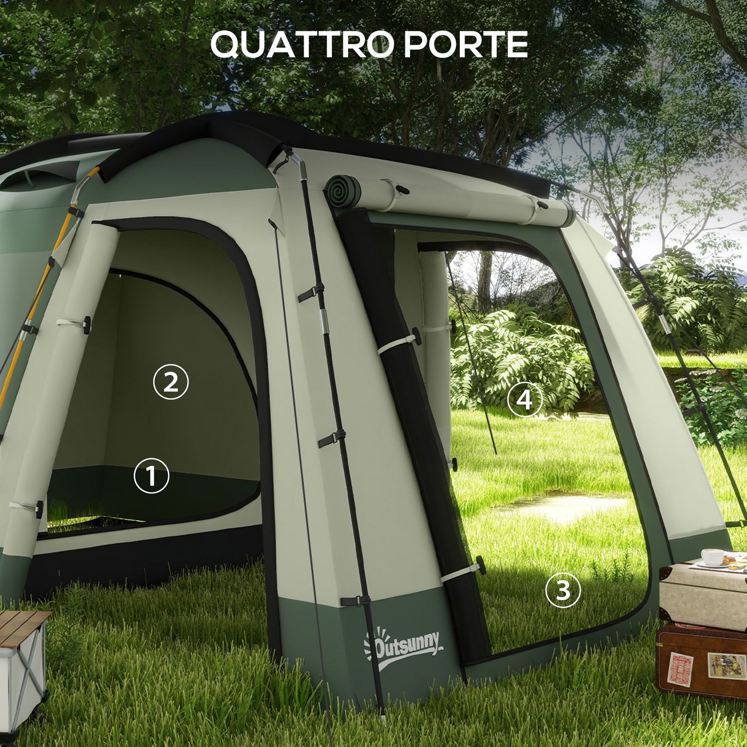 Tenda da campeggio 4 posti impermeabile con zona notte e zona giorno, in poliestere, 460x300x200 cm, verde - 
