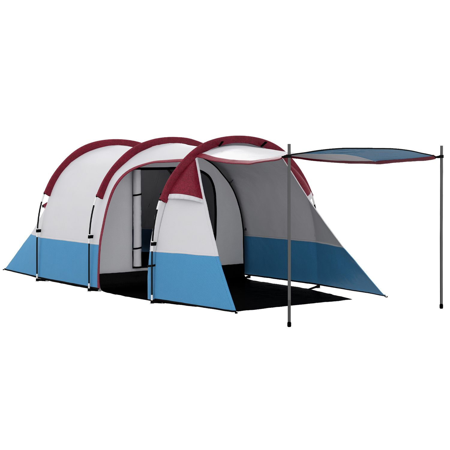 Tenda da campeggio impermeabile con 2 aree e 3 ingressi, in poliestere e fibra di vetro, 420x200x150 cm, rosso - 