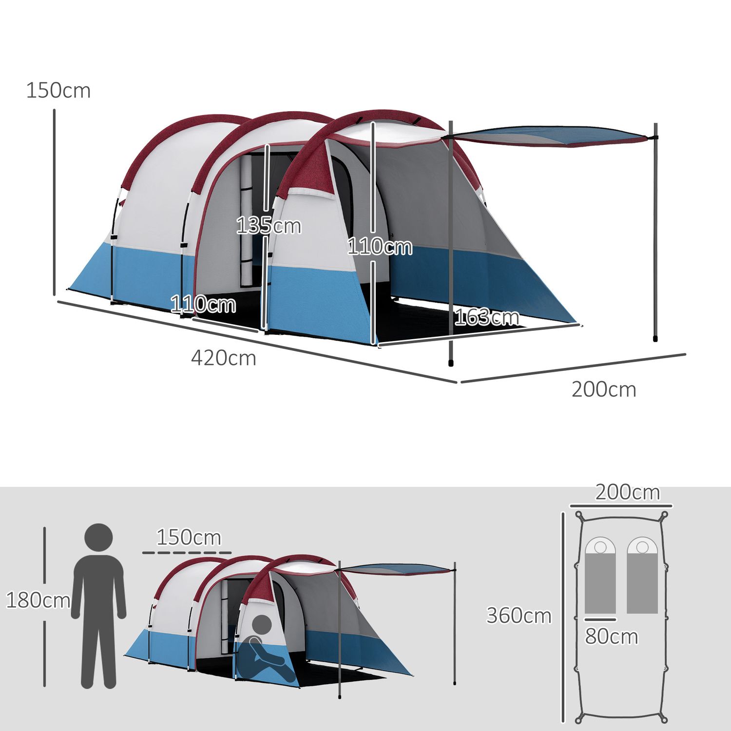 Tenda da campeggio impermeabile con 2 aree e 3 ingressi, in poliestere e fibra di vetro, 420x200x150 cm, rosso - 