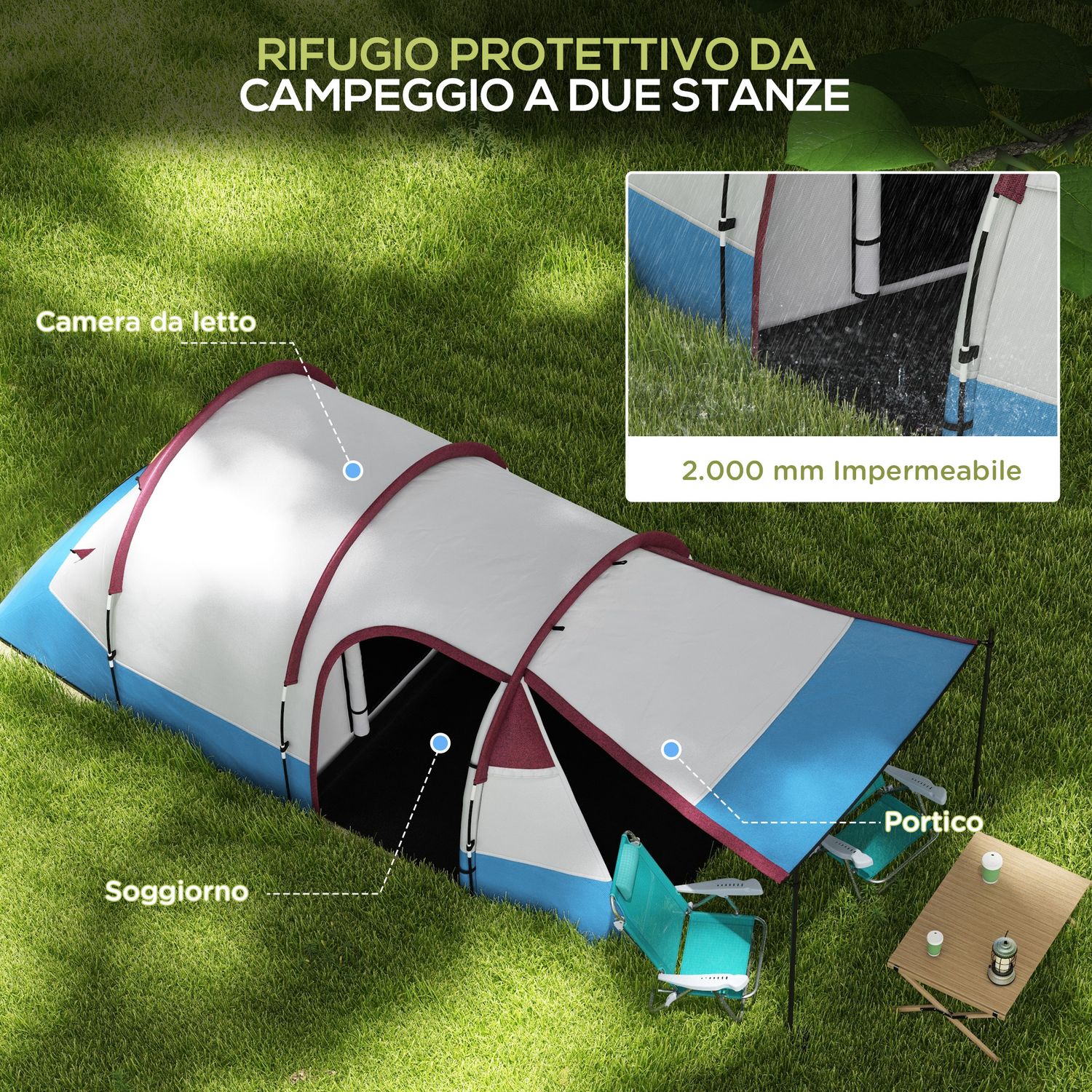 Tenda da campeggio impermeabile con 2 aree e 3 ingressi, in poliestere e fibra di vetro, 420x200x150 cm, rosso - 
