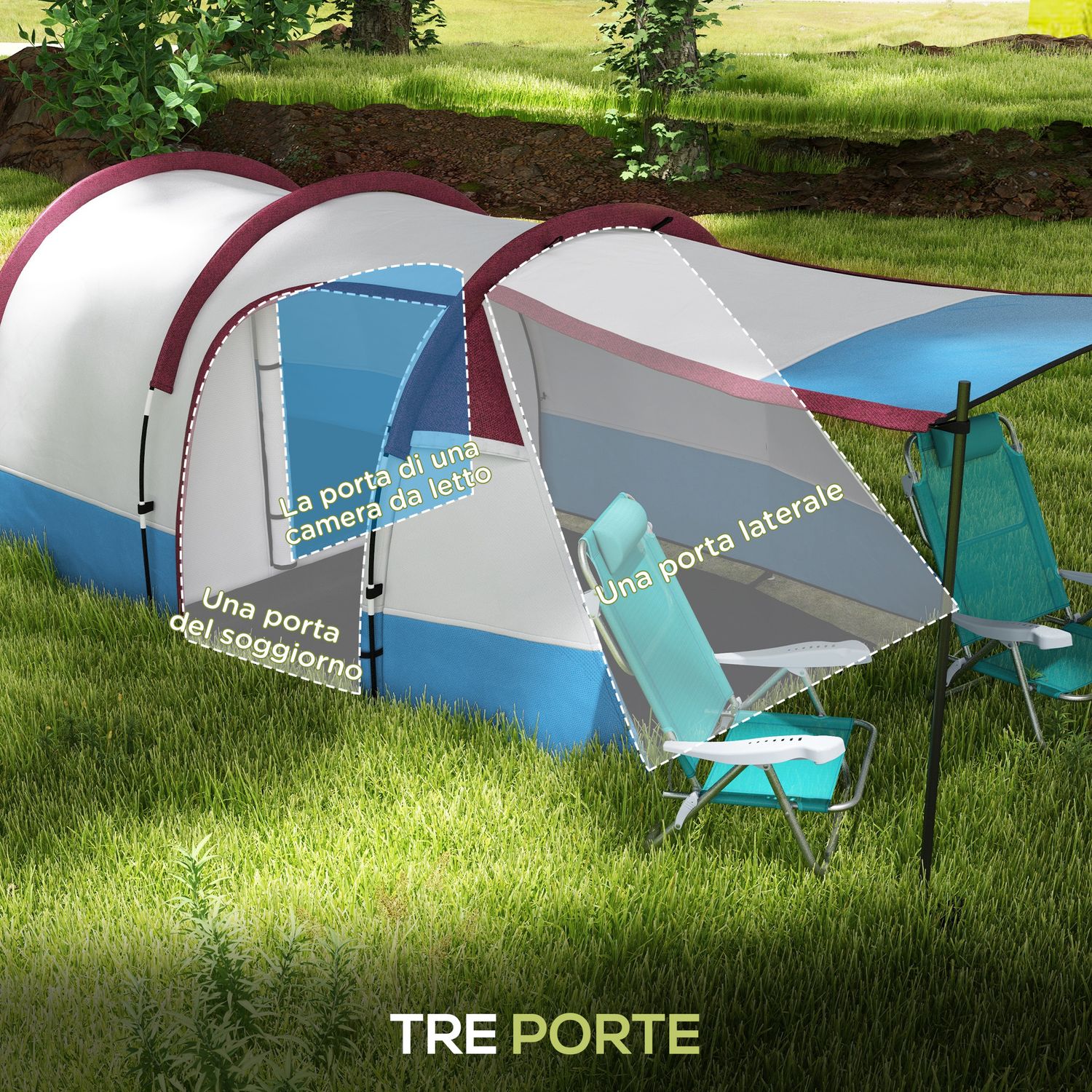 Tenda da campeggio impermeabile con 2 aree e 3 ingressi, in poliestere e fibra di vetro, 420x200x150 cm, rosso - 
