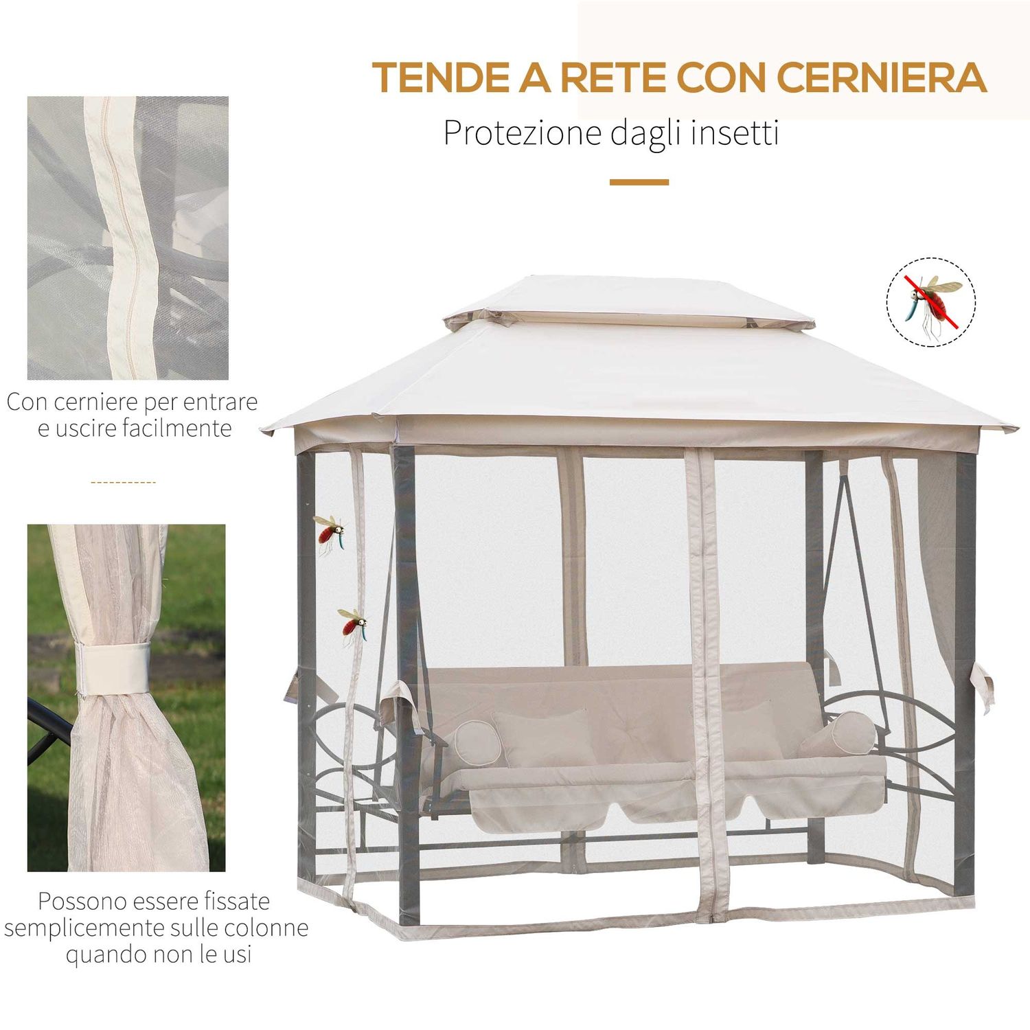 Dondolo 3 posti e lettino singolo copertura a gazebo con zanzariera e cuscini 256x172x248cm crema - 