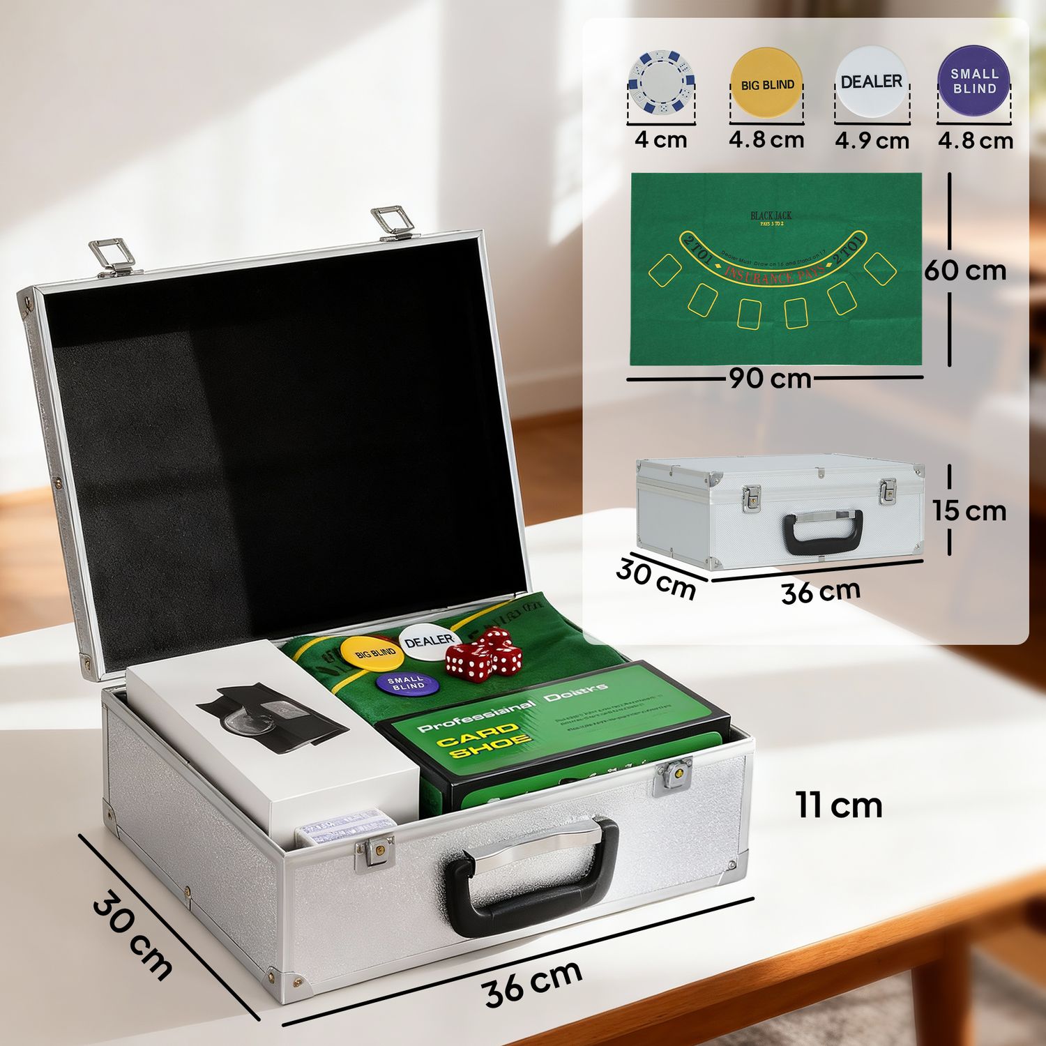 Set poker con 300 fiches, mescolatore e distributore carte, tappetino, 5 dadi, pulsante dealer e valigetta - 