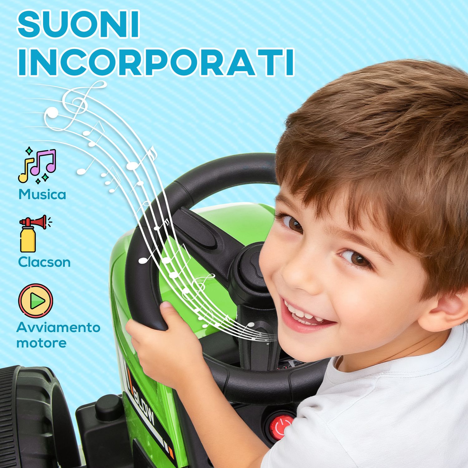 Trattore elettrico per bambini 3-6 anni con rimorchio rimovibile, batteria 12v e telecomando, verde - 