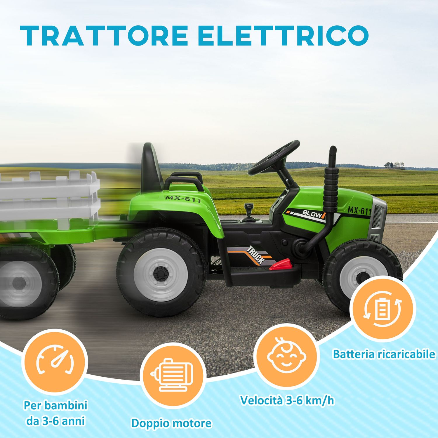 Trattore elettrico per bambini 3-6 anni con rimorchio rimovibile, batteria 12v e telecomando, verde - 