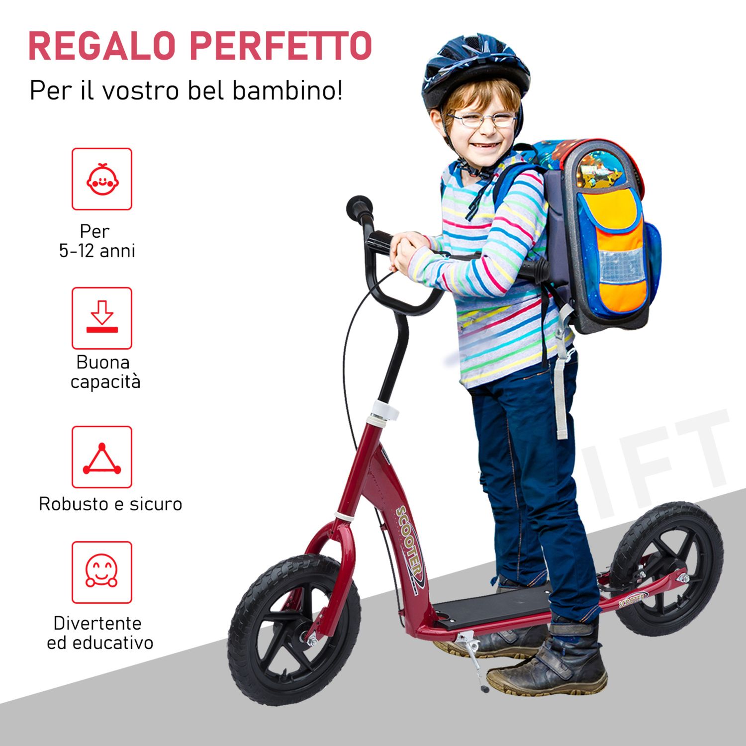 Monopattino per bambini 5-12 anni con freno posteriore e manubrio regolabile, 120x52x80-88 cm, rosso - 