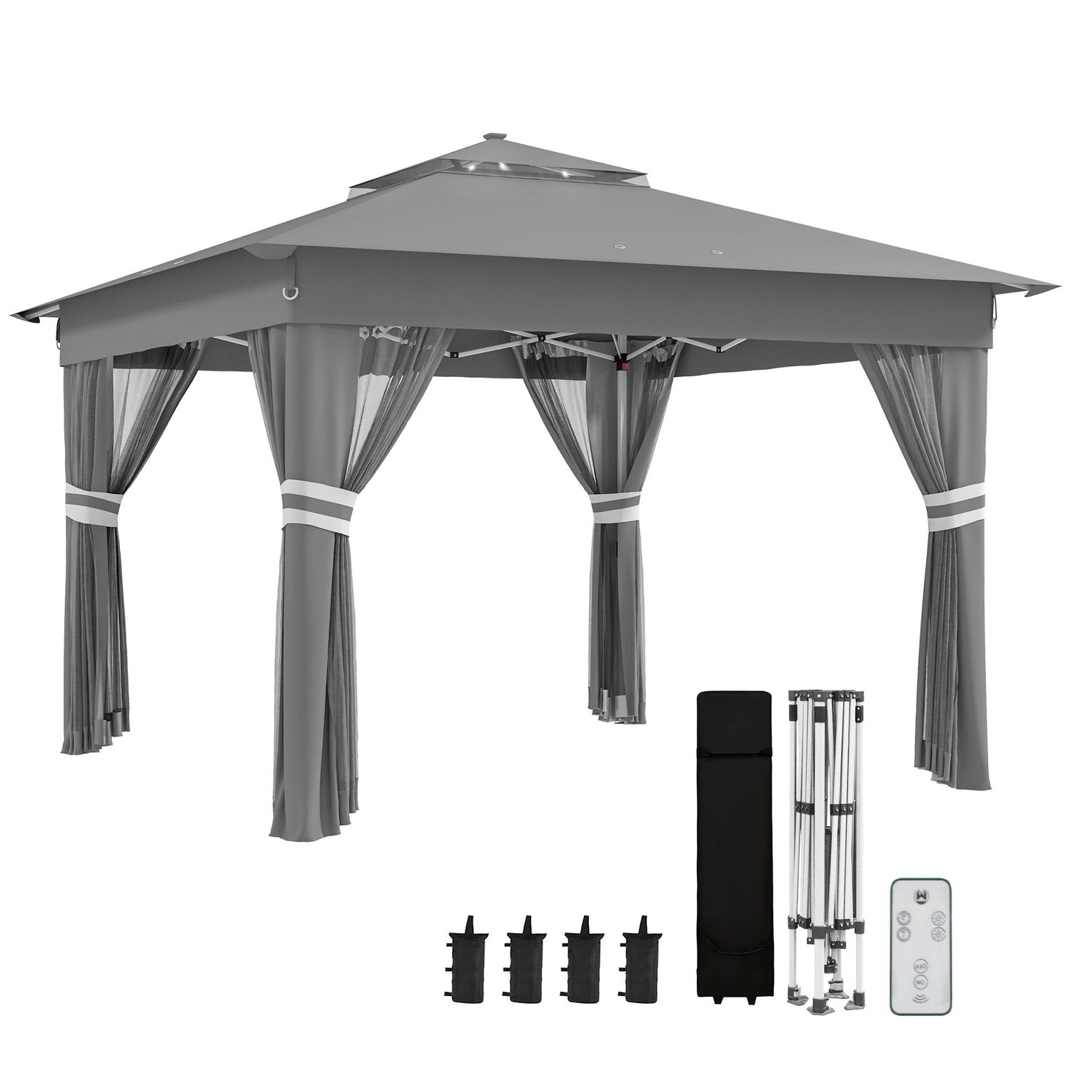 Gazebo da giardino ad altezza regolabile con luci led, in acciaio e tessuto oxford, 336x336x250-270 cm, grigio - 