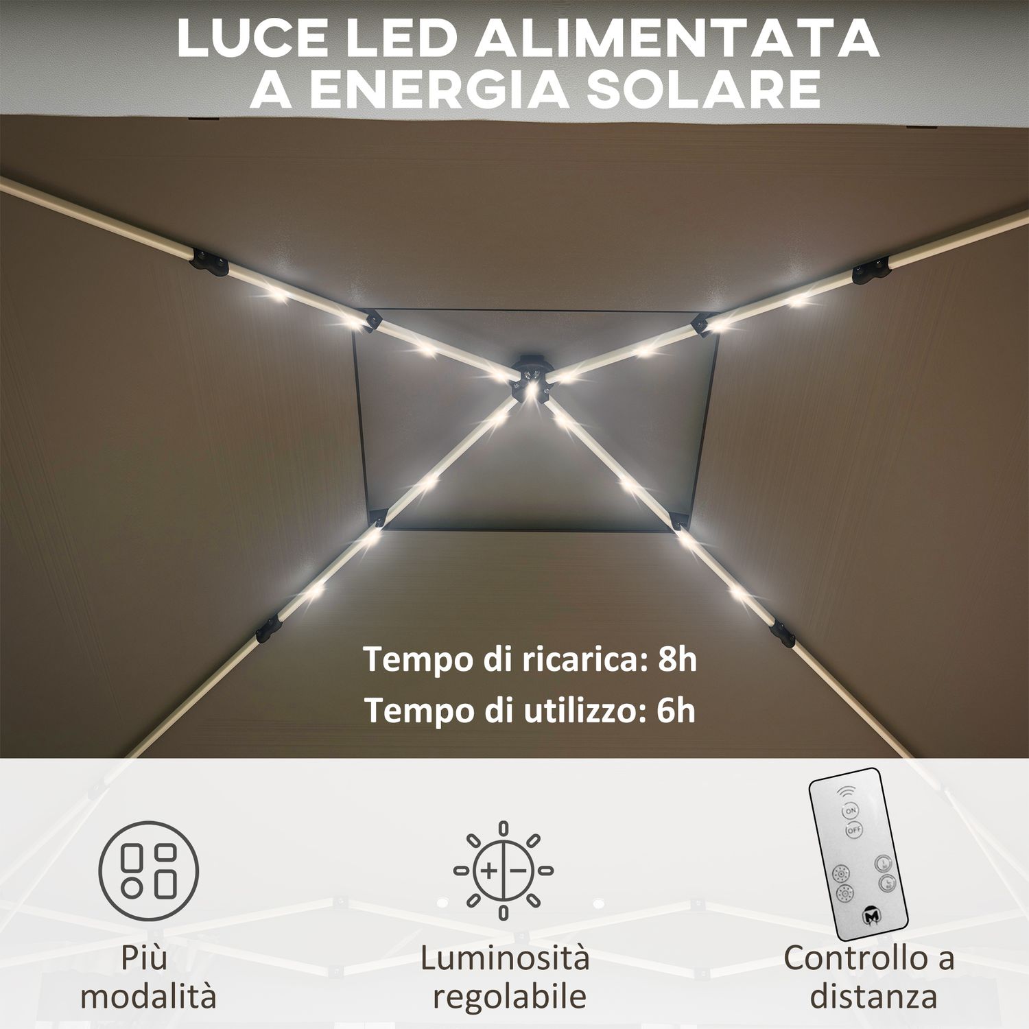 Gazebo da giardino ad altezza regolabile con luci led, in acciaio e tessuto oxford, 336x336x250-270 cm, grigio - 