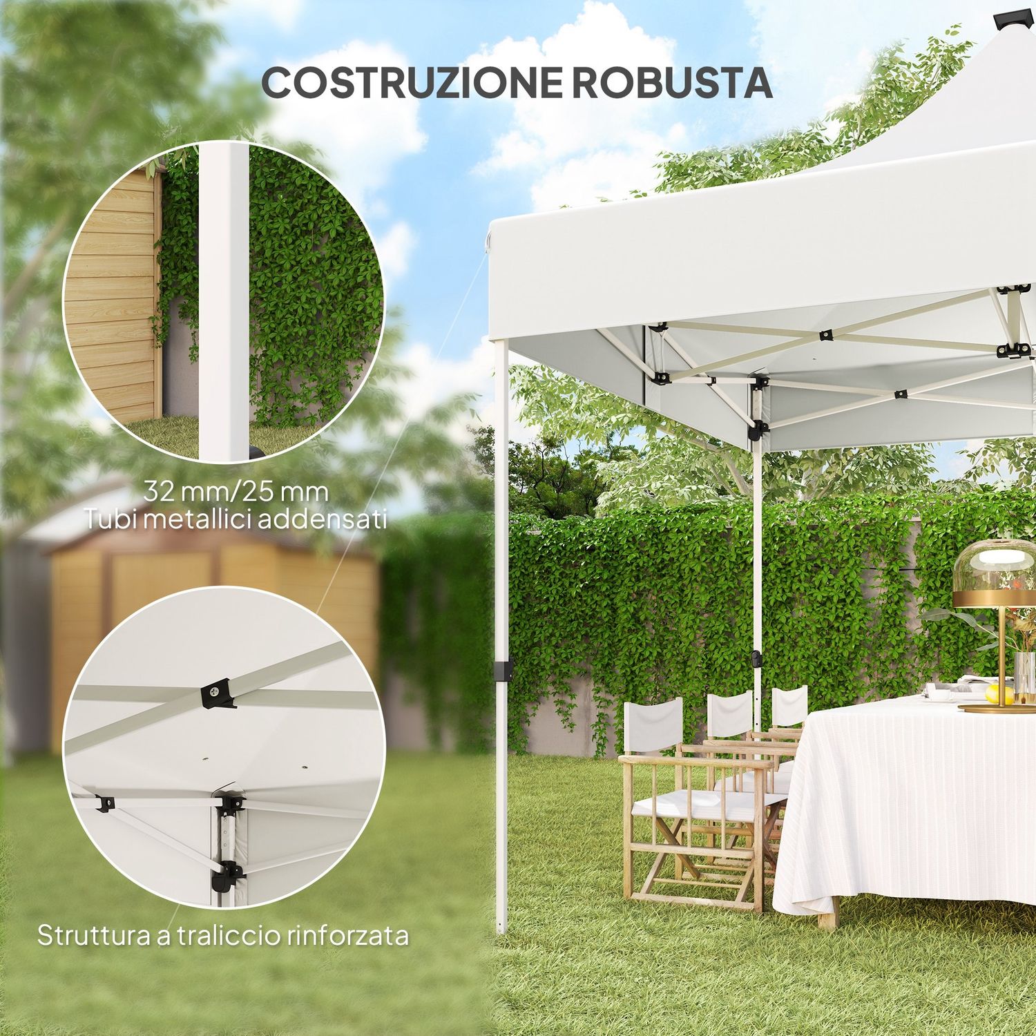 Gazebo da giardino pop up 3x3 m ad altezza regolabile con luci led solari, in tessuto oxford e metallo, bianco - 
