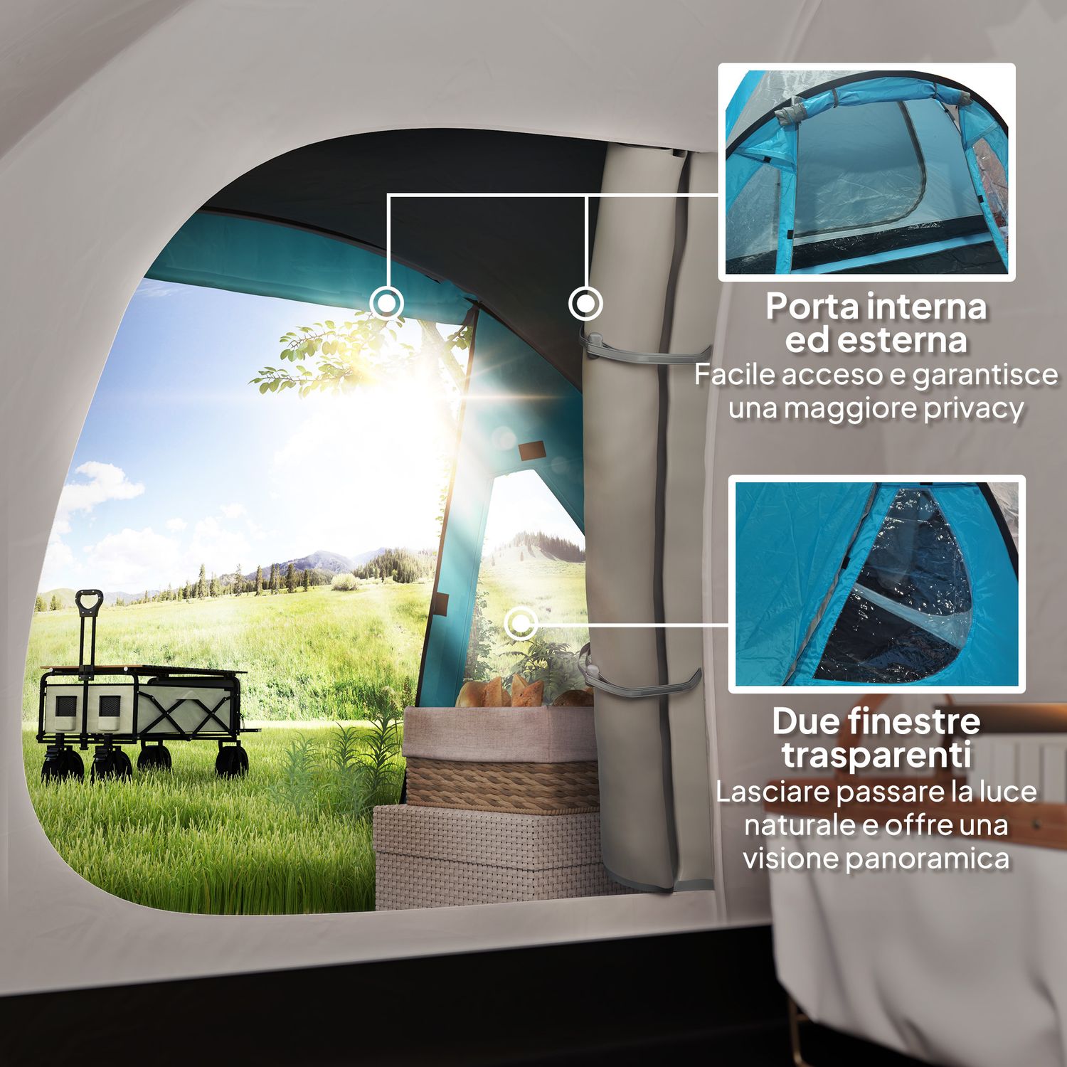 Tenda da campeggio 3 persone con camera e veranda, impermeabile 3000mm e borsa di trasporto, azzurro - 