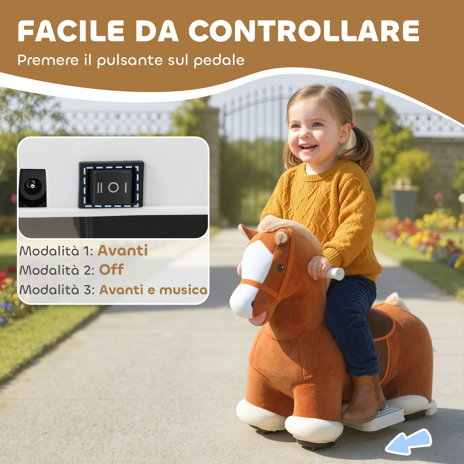 Cavallo elettrico per bambini con pedali, rotelle e suoni, in peluche e metallo, 74x34x51 cm, marrone - 