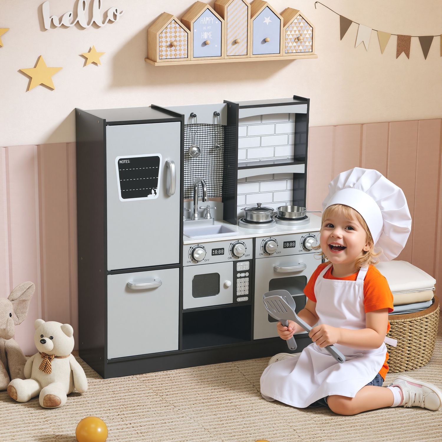 Cucina giocattolo per bambini 3-8 anni in legno con accessori, frigo, lavandino e manopole con suoni, marrone - 