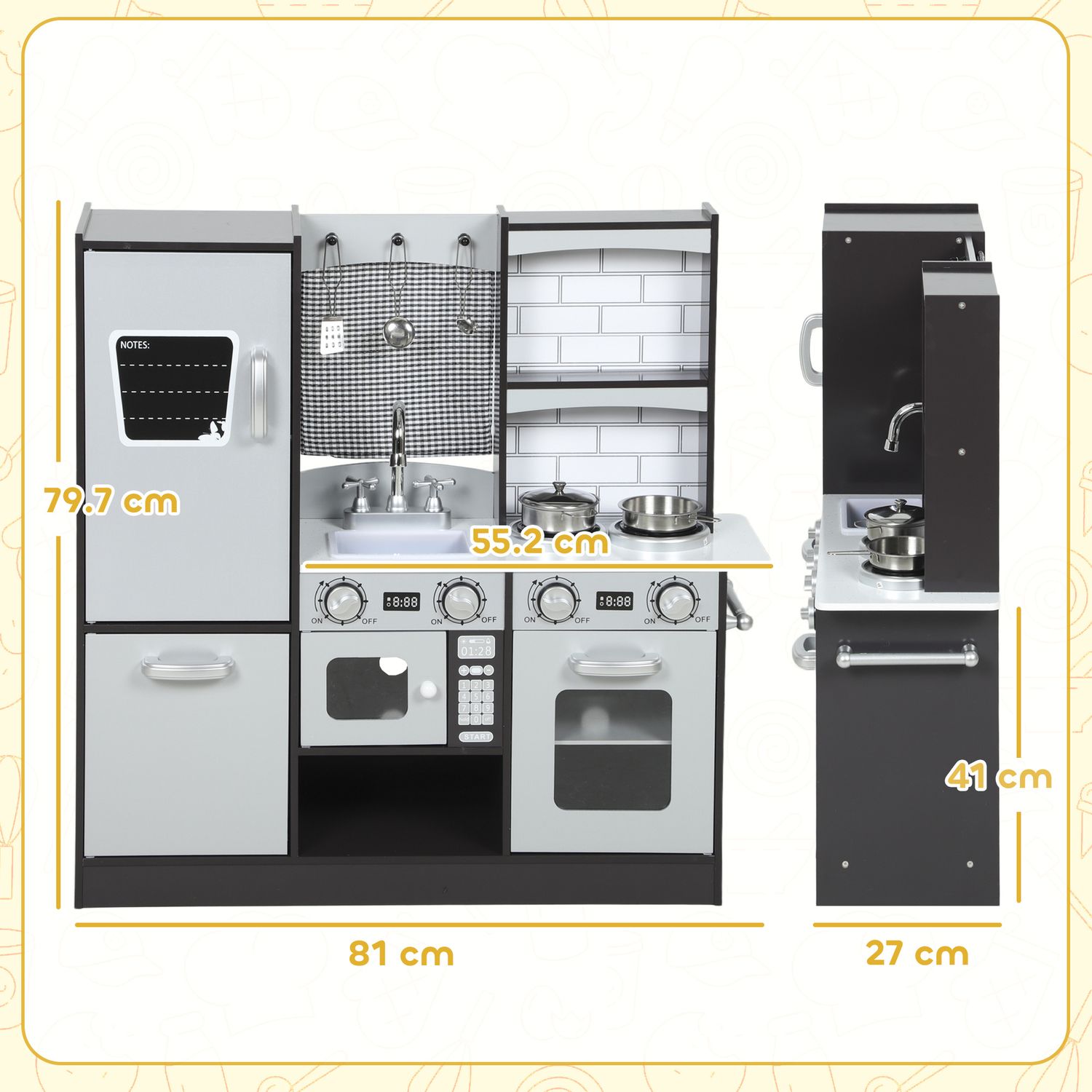 Cucina giocattolo per bambini 3-8 anni in legno con accessori, frigo, lavandino e manopole con suoni, marrone - 