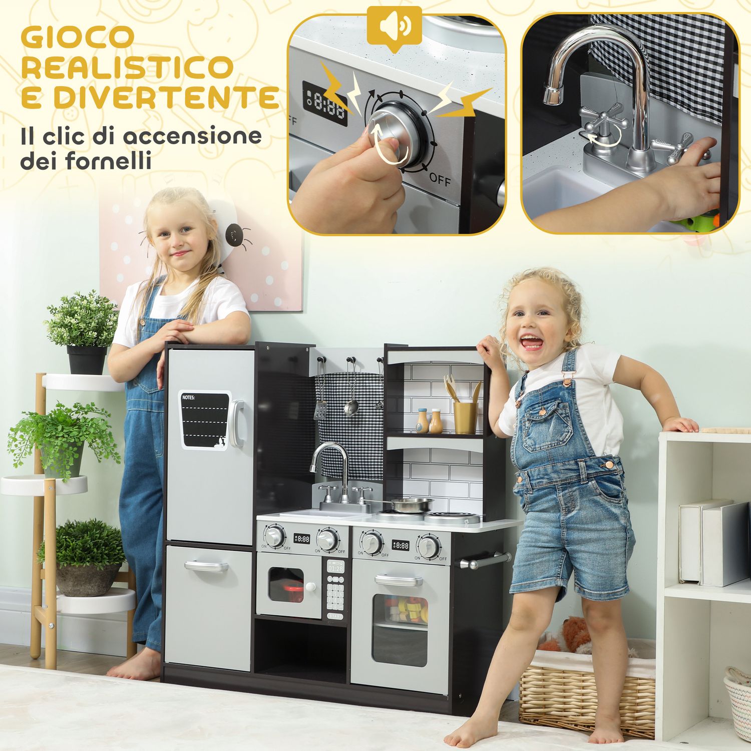 Cucina giocattolo per bambini 3-8 anni in legno con accessori, frigo, lavandino e manopole con suoni, marrone - 