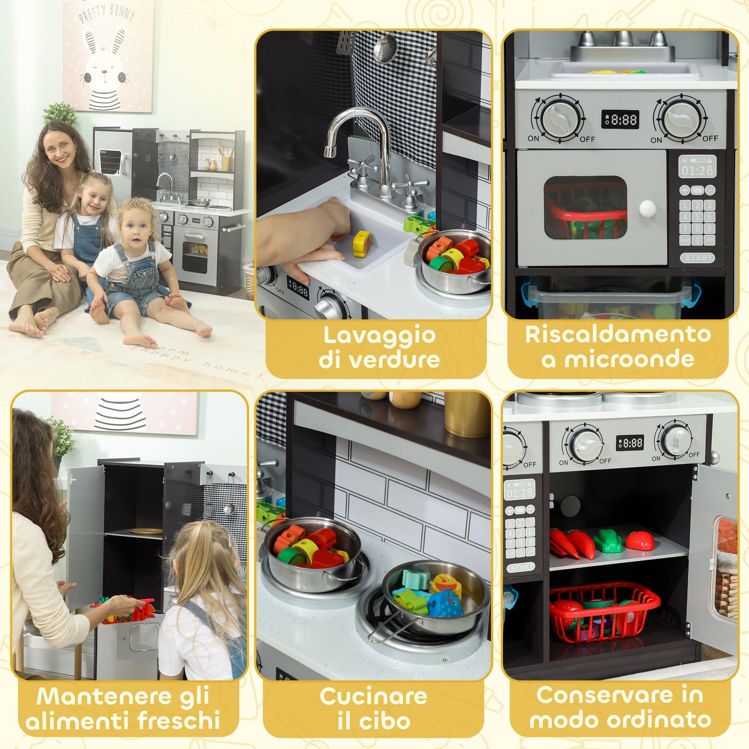 Cucina giocattolo per bambini 3-8 anni in legno con accessori, frigo, lavandino e manopole con suoni, marrone - 