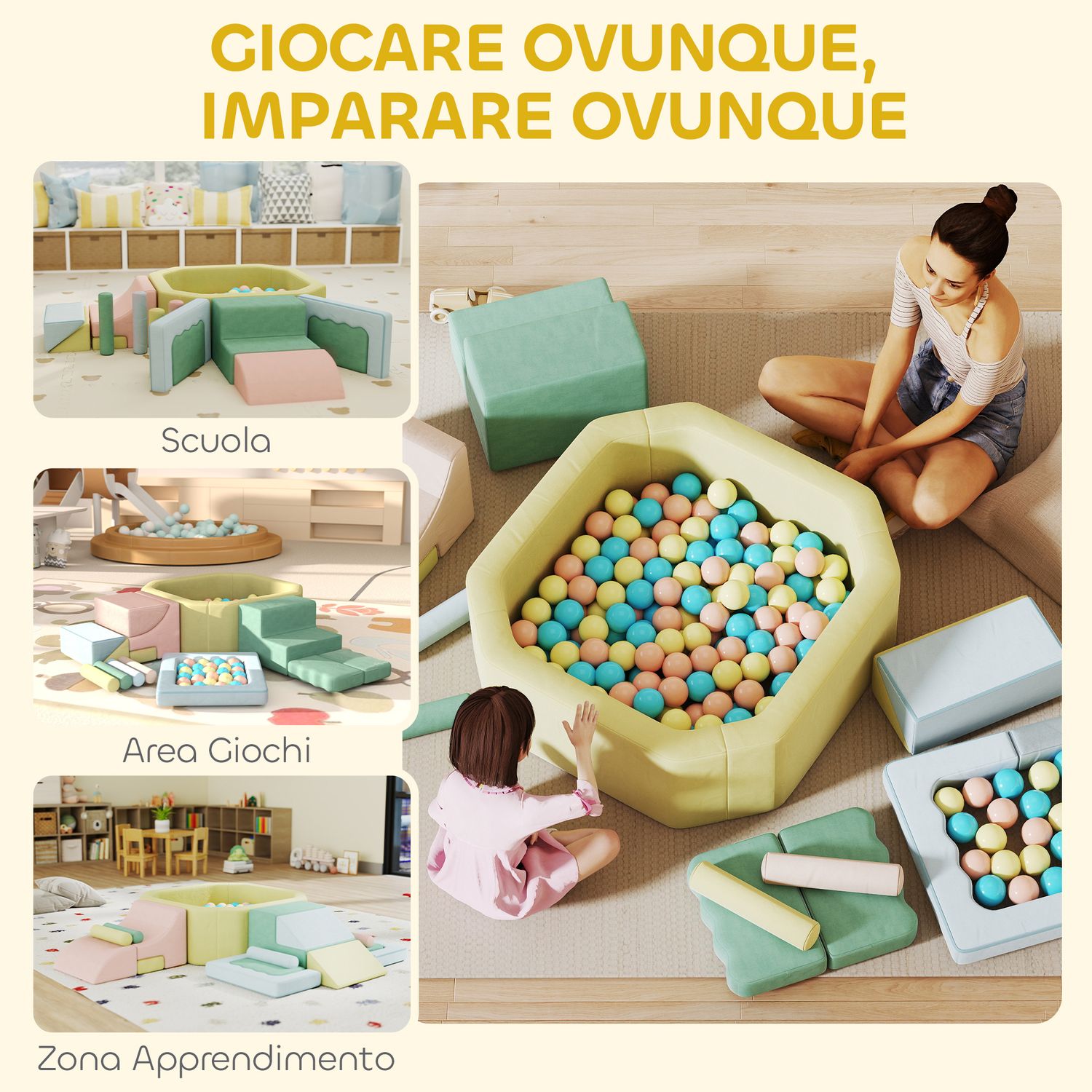 Set 15 blocchi di costruzioni morbide modulabili per bambini con 200 palline per uso interno, multicolore - 