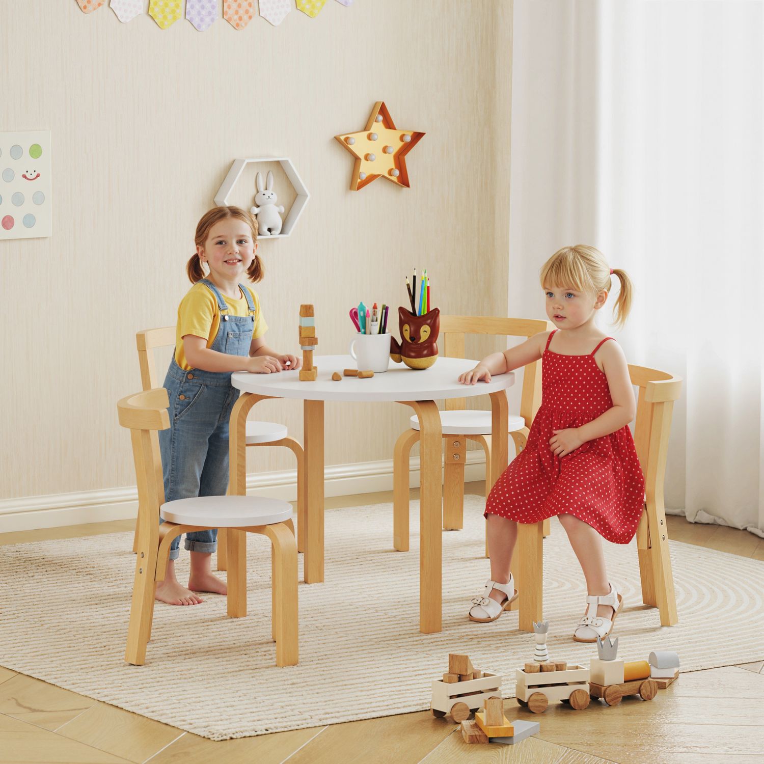 Set tavolo e sedie per bambini 3-8 anni 5 pz con bordi arrotondati in legno bianco - 