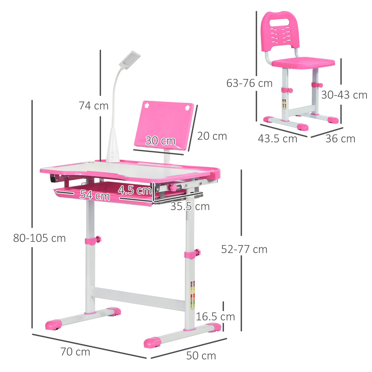 Banco scuola regolabile con sedia per bambini 6-12 anni, 70x49.5x80-105 cm, rosa - 