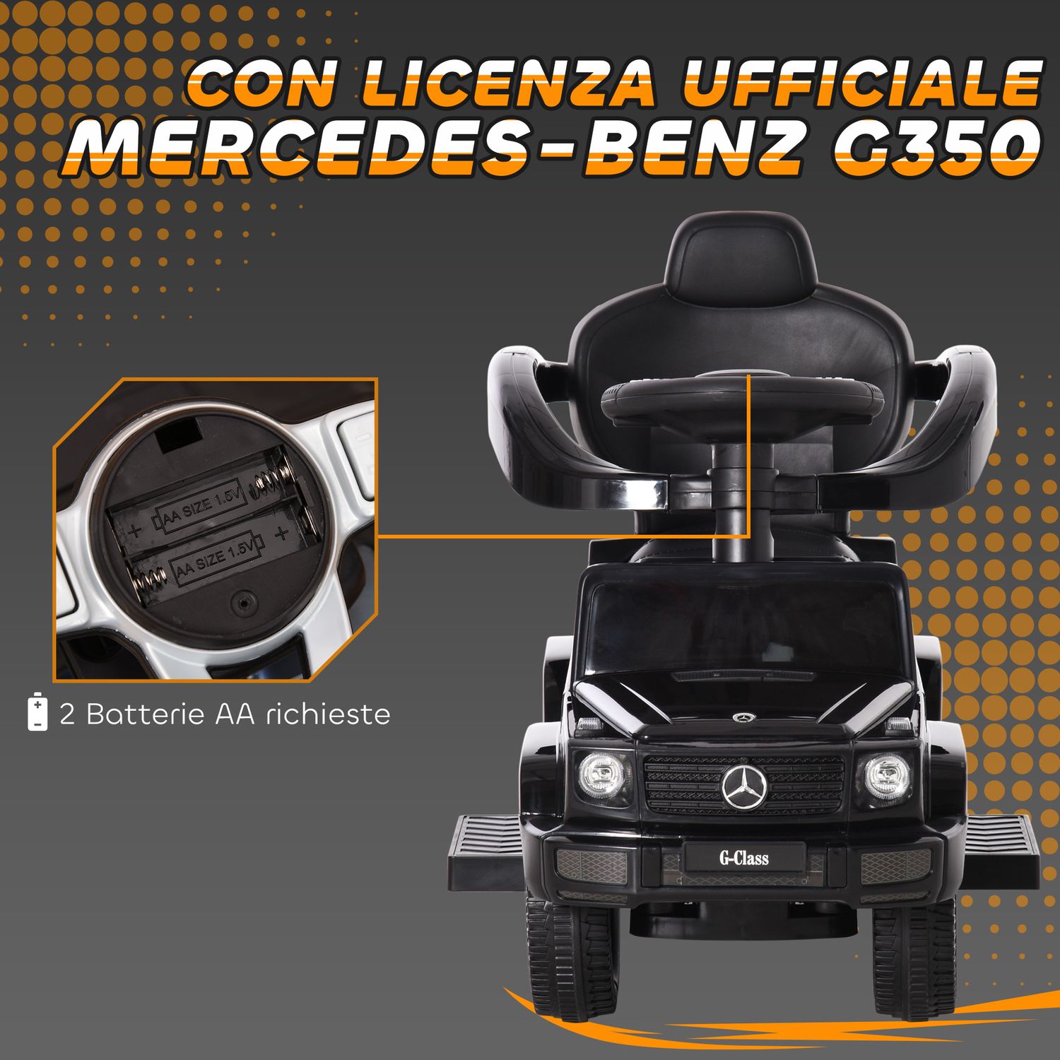 Macchina a spinta per bambini 12-36 mesi con licenza mercedes, tettuccio e maniglia di spinta, 85.5x40.5x95 cm, nero - 