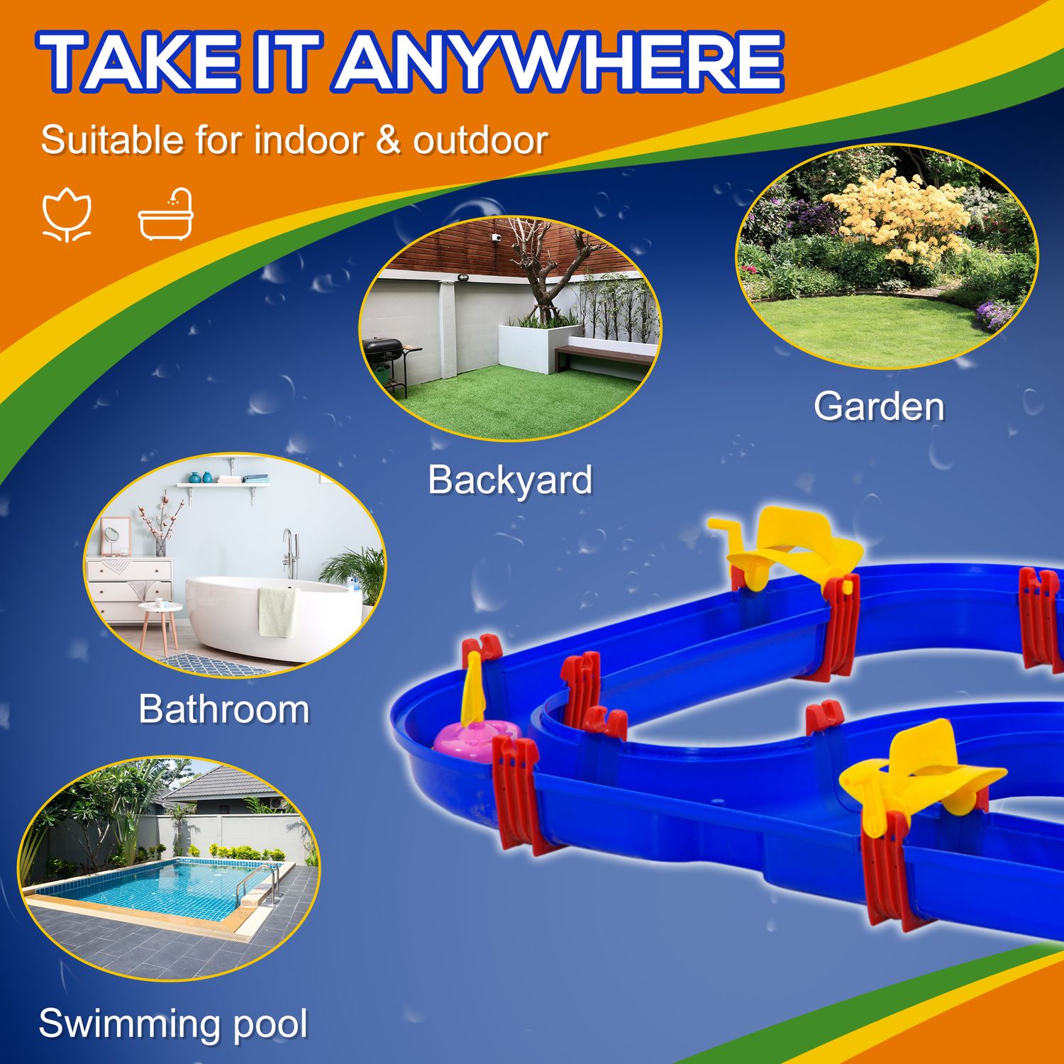 Playset acquatico 53 pezzi con acqua e sabbia, percorso acquatico per bambini 3-6 anni con accessori e parti componibili, in pp, 123x90x7cm - 