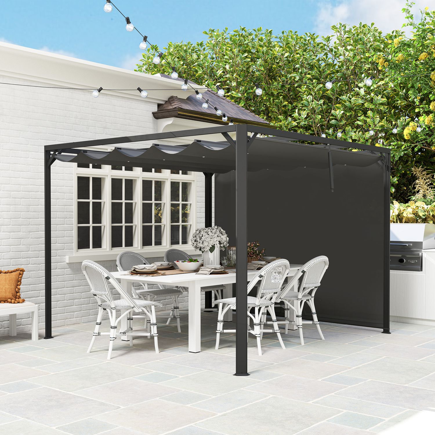 Gazebo pergola retrattile 3x3 m con tenda a rullo e fori di drenaggio, in acciaio e poliestere grigio scuro - 