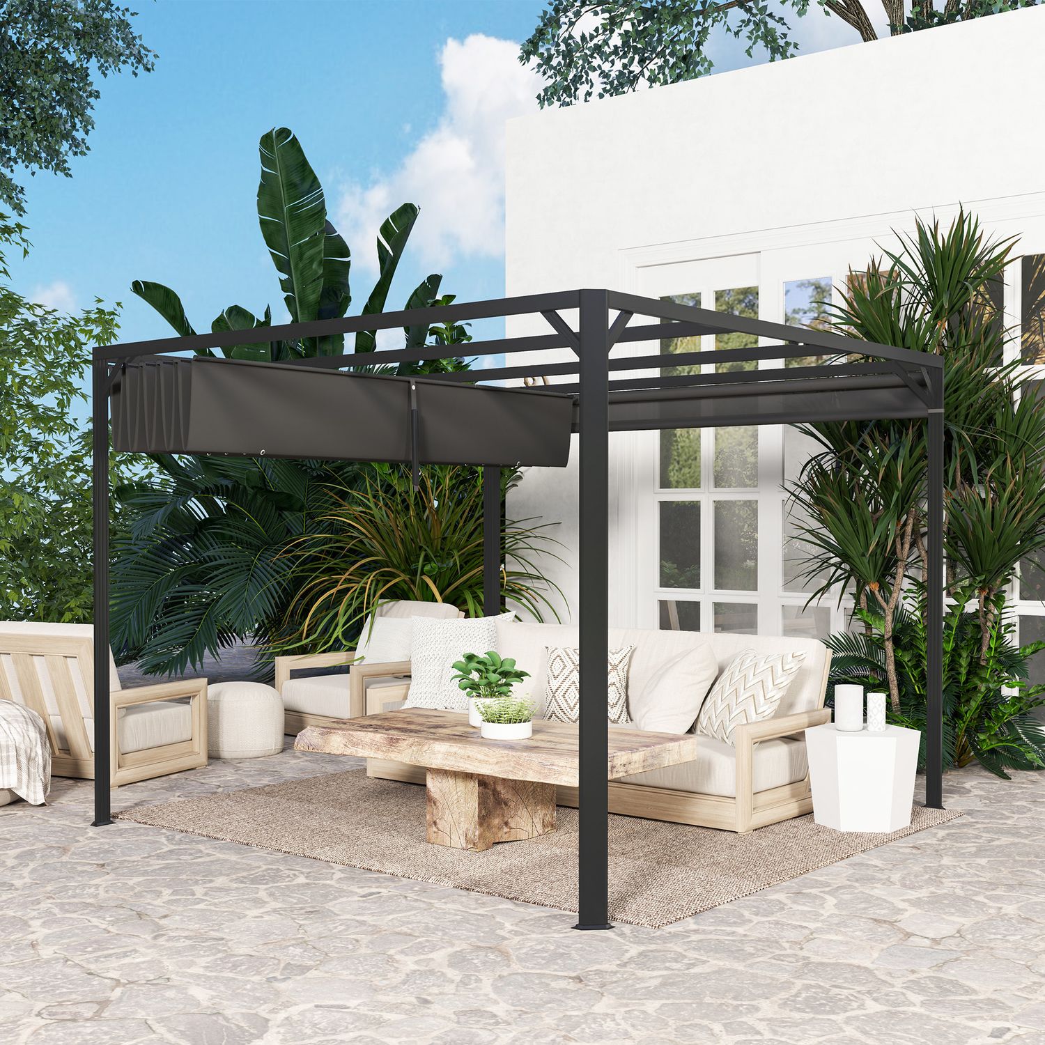 Gazebo pergola retrattile 3x3 m con tenda a rullo e fori di drenaggio, in acciaio e poliestere grigio scuro - 