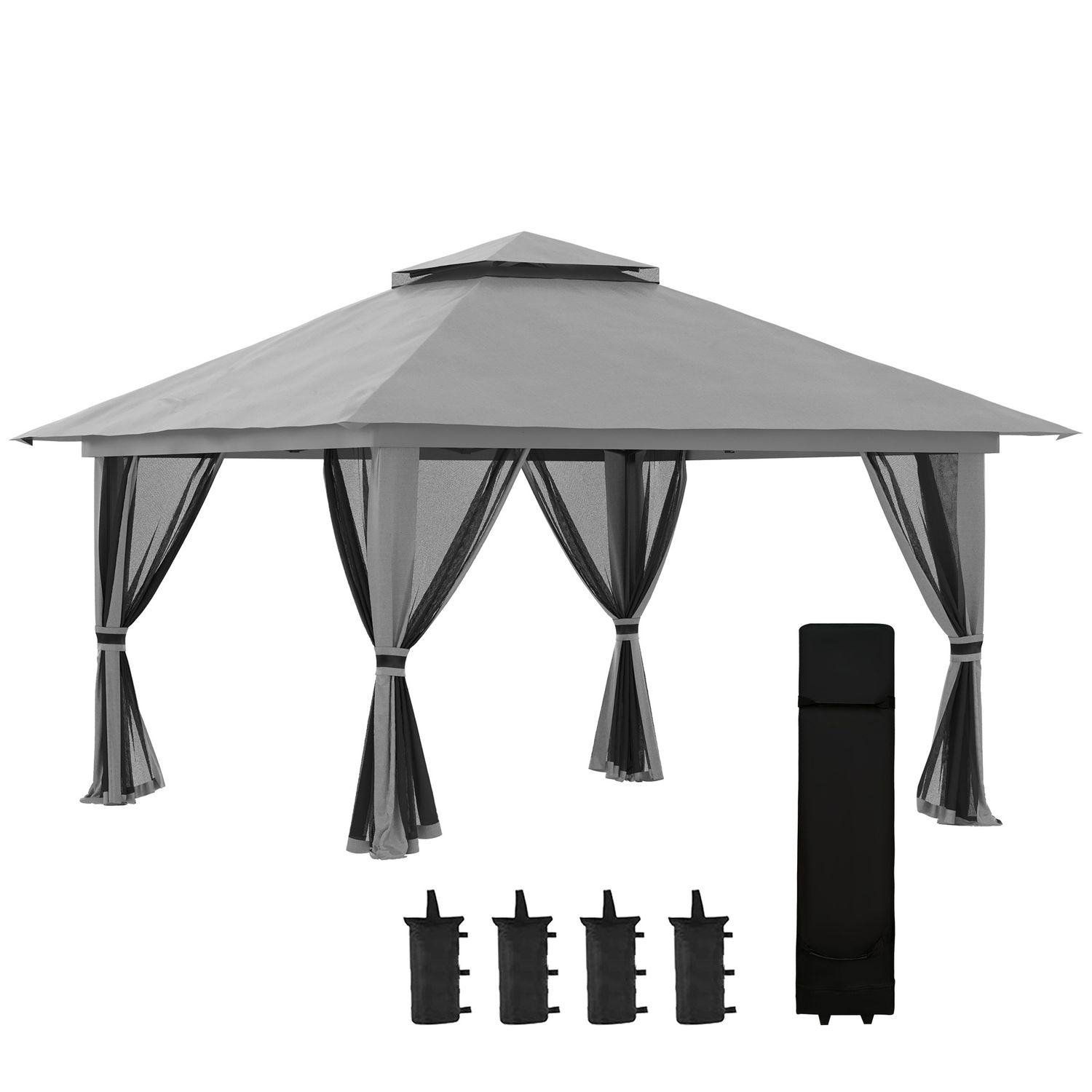 Gazebo pieghevole 4x4 con borsa da trasporto, picchetti, funi e sacchi di sabbia inclusi, 392x392x283 cm, grigio - 