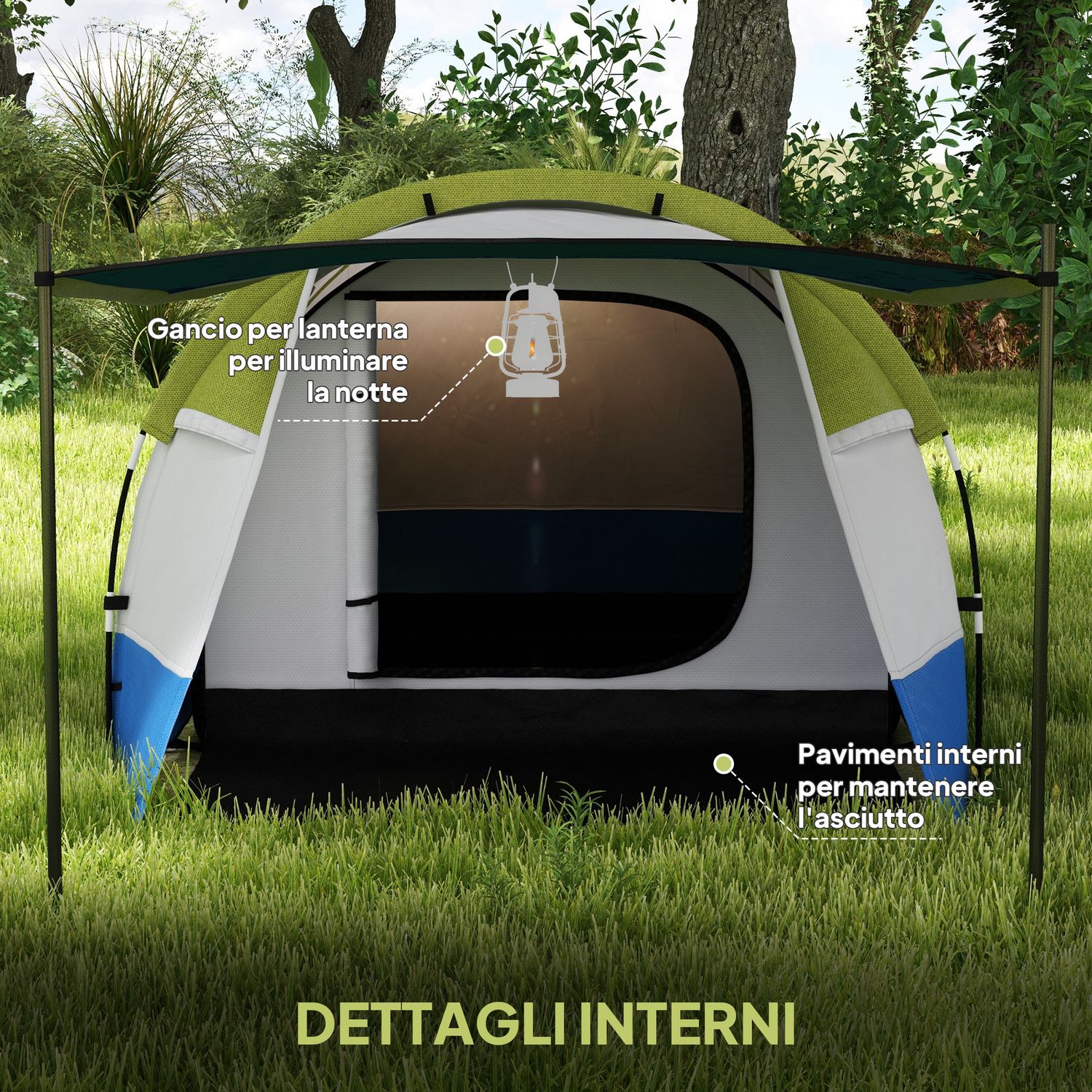 Tenda da campeggio impermeabile con 2 aree e 3 ingressi, in poliestere e fibra di vetro, 420x200x150 cm, verde - 