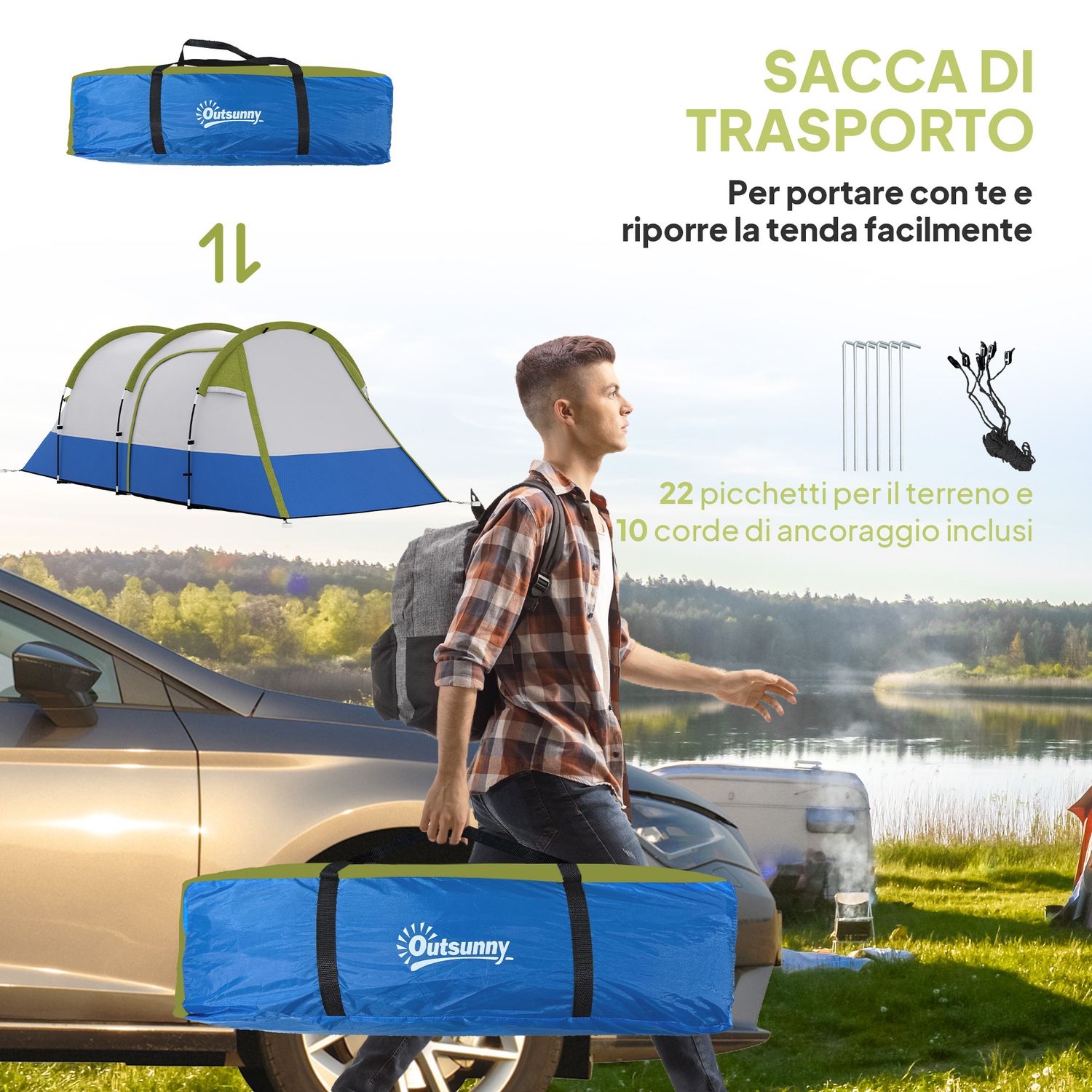 Tenda da campeggio impermeabile con 2 aree e 3 ingressi, in poliestere e fibra di vetro, 420x200x150 cm, verde - 